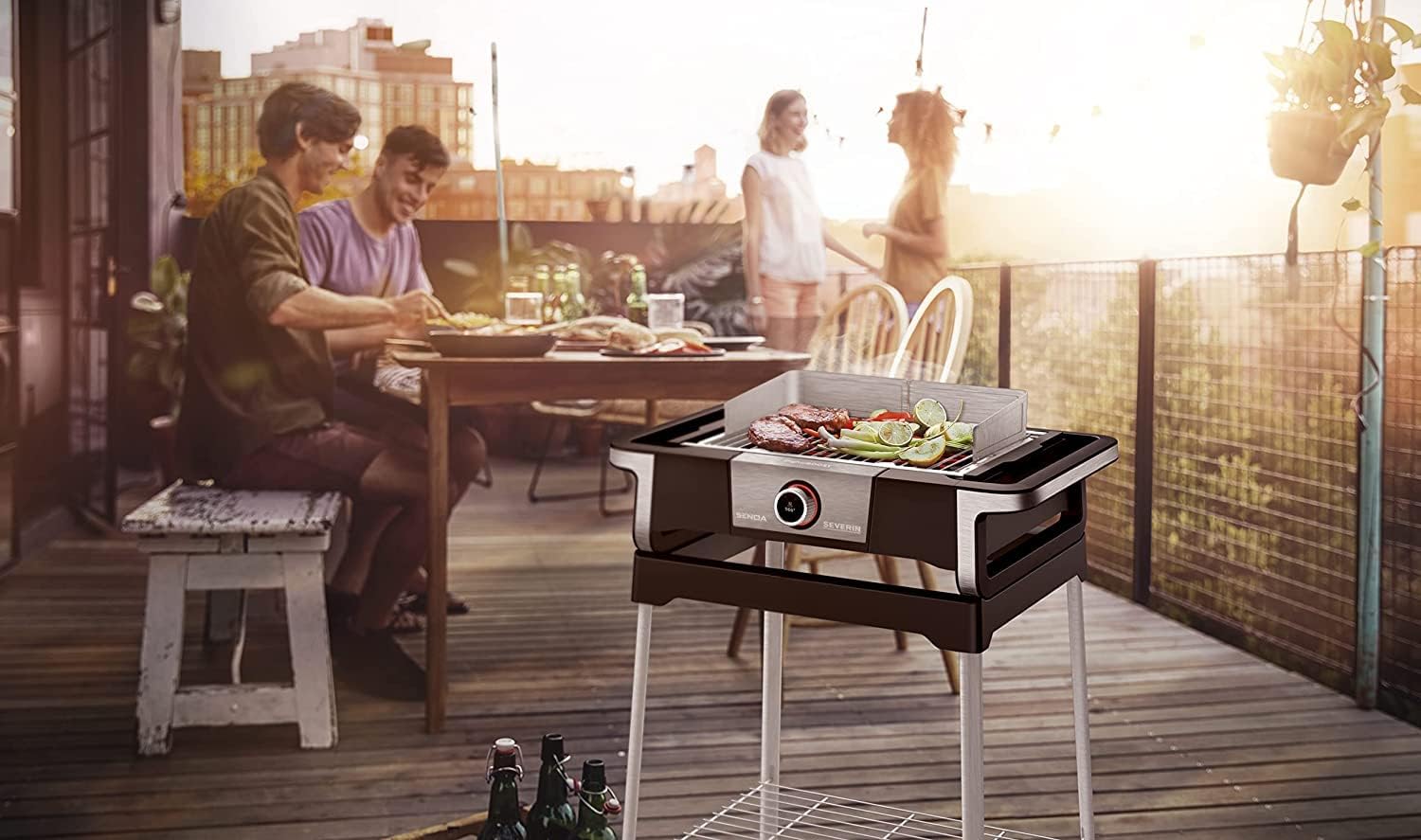 SEVERIN SENOA DigitalBOOST S Elektrogrill mit Untergestell, Standgrill mit schnellem Grillstart bis 500 °C, Balkon Grill mit SafeTouch-Oberfläche, Edelstahl/Schwarz, PG 8118