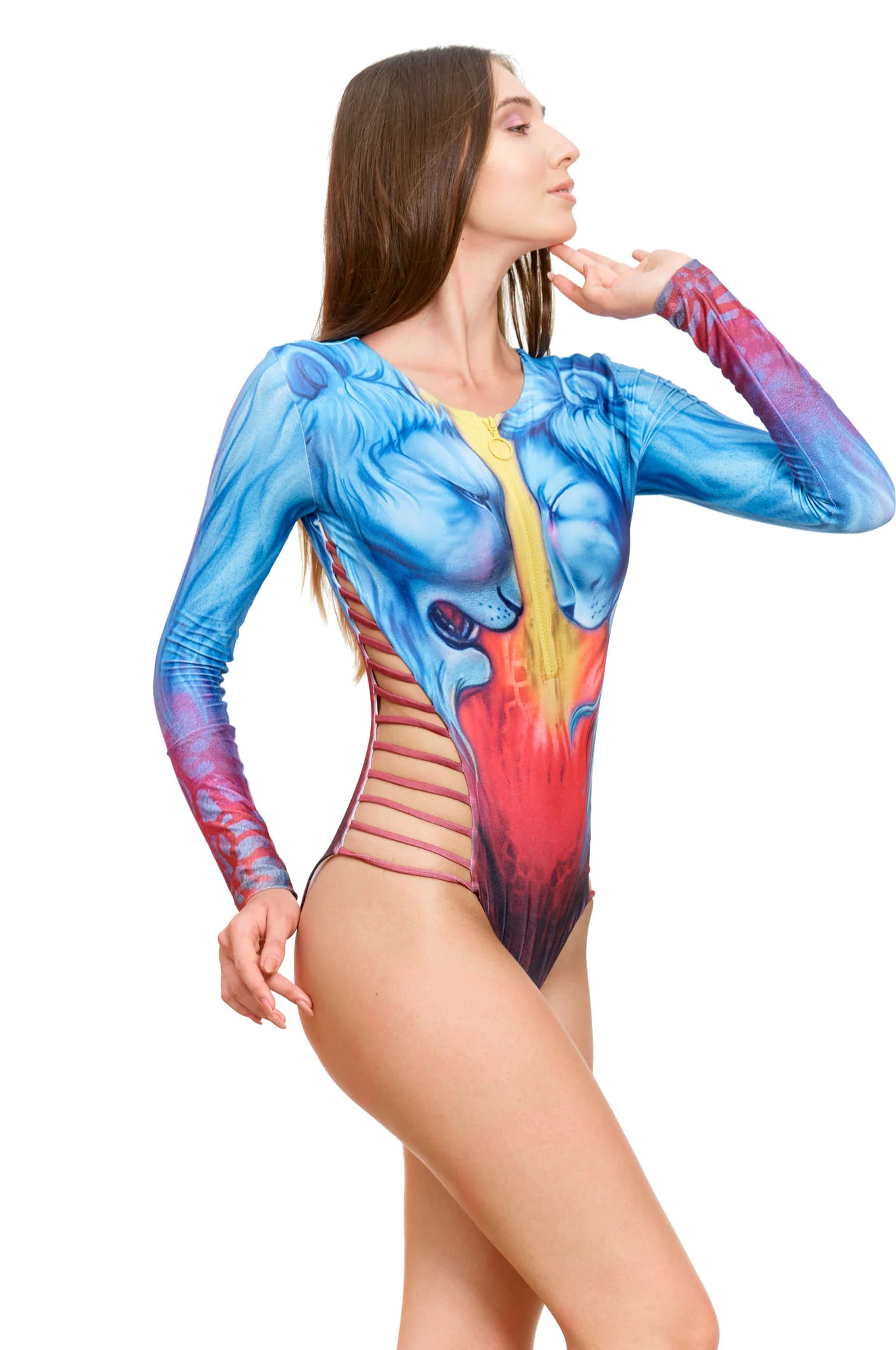 Long sleeve, chest zipper, side straps, no cups 'Blue Lions' swimwear
