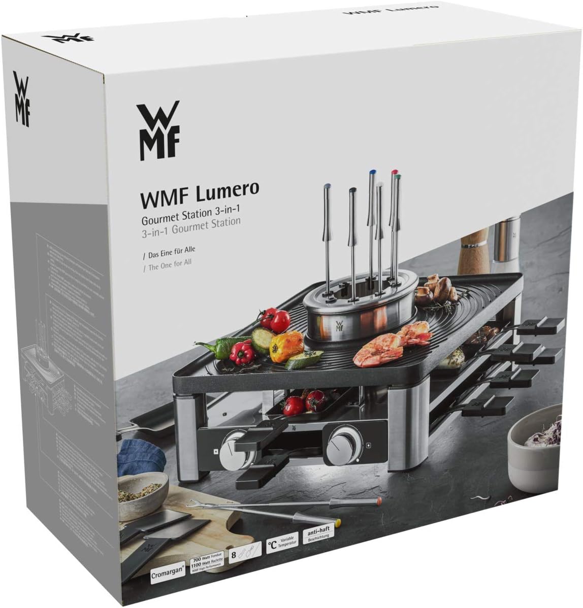 WMF Lumero 3in1 Gourmet Station für 8 Personen, Raclette Fondue Kombi, elektrisch, Temperaturregulierung, Beleuchtung, 1800 Watt, platzsparend, edelstahl matt