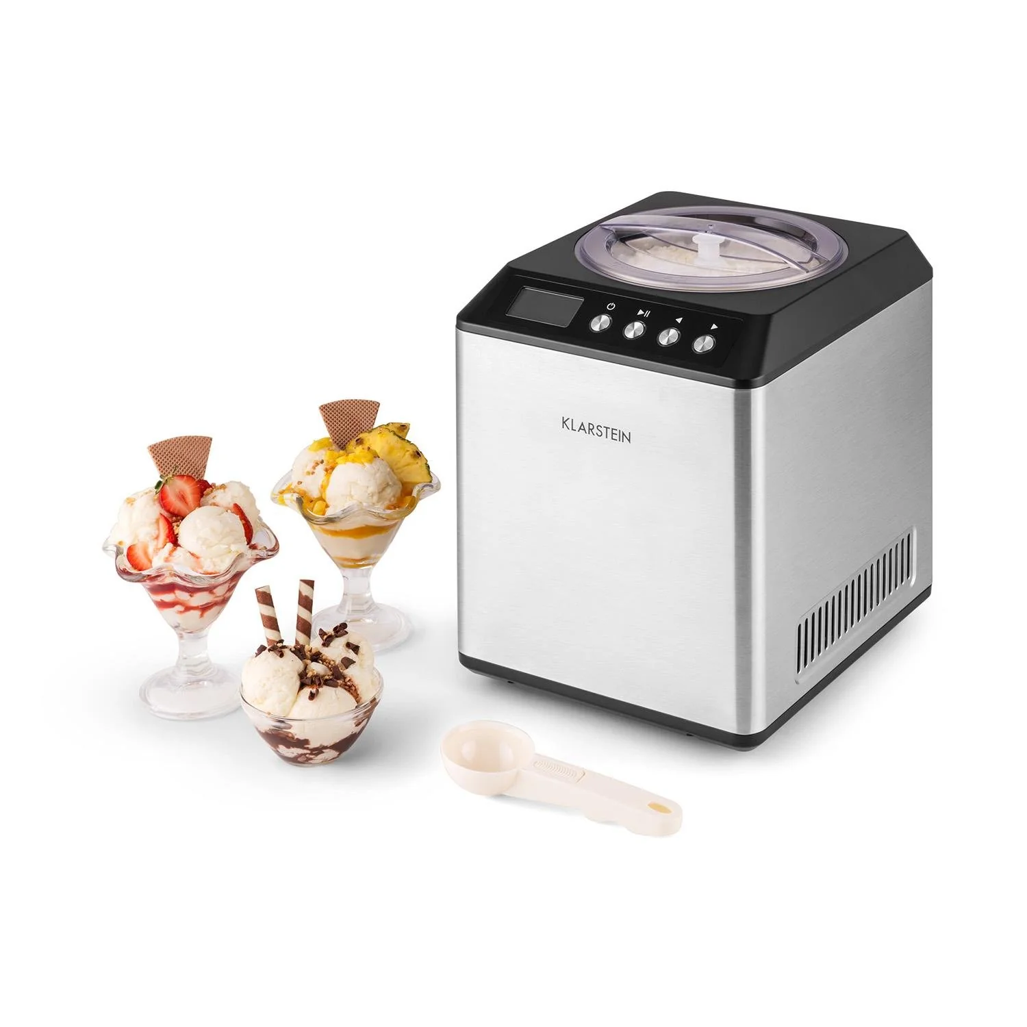 Klarstein Vanilla Sky - macchina per gelato, preparatore di gelato, gelatiera, funzione di mantenimento freddo, display LED, timer, acciaio inox, facile da pulire, 180 watt, capacità 2 litri, colore argento