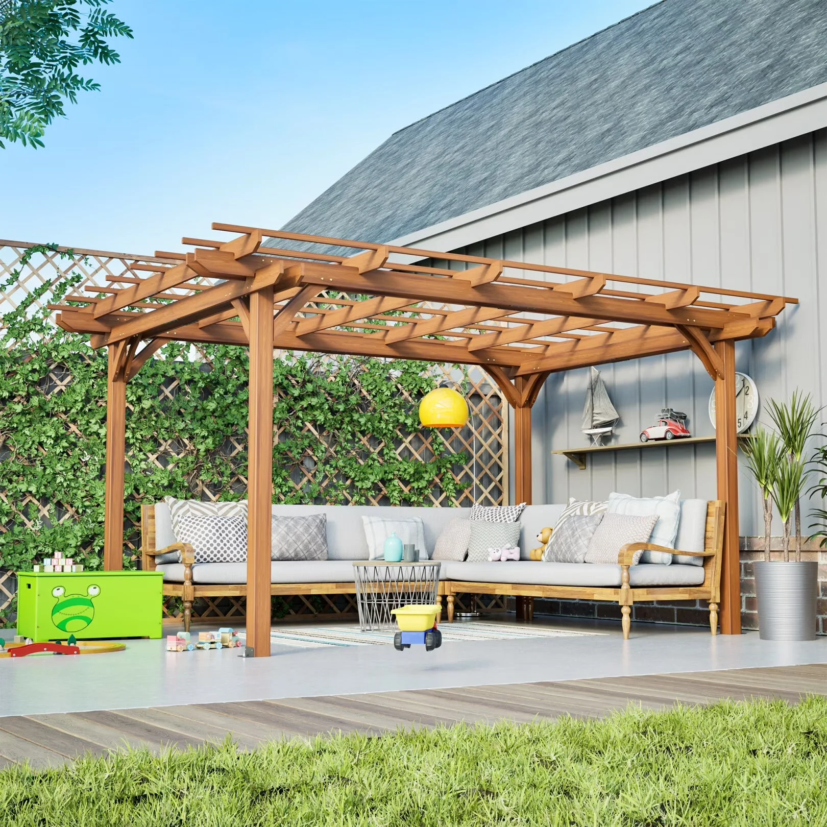 12 x 10 FT Outdoor Pergola, Wooden Pergola Gazebo with Climbing Plant Support and Waterproof, for Patio Porch Garden Backyard, Brown