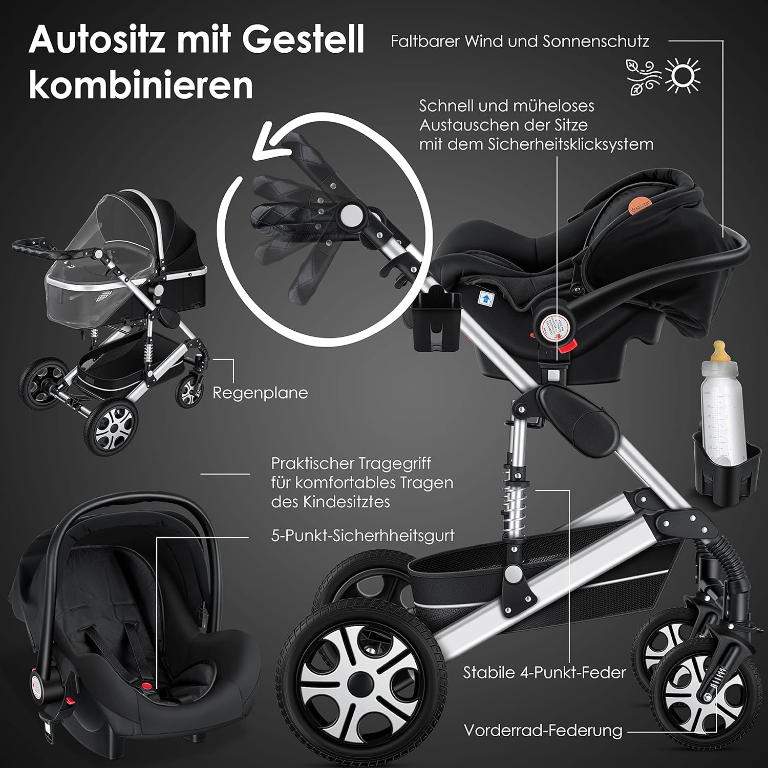 KESSER® Loops 3 in 1 Kinderwagen Kombikinderwagen Komplett-Set inkl. Babywanne & Buggy Sportsitz & Auto-Babyschale Voll-Gummireifen Wickeltasche Regenschutz Kindertisch ECE R129, Grau/Silber