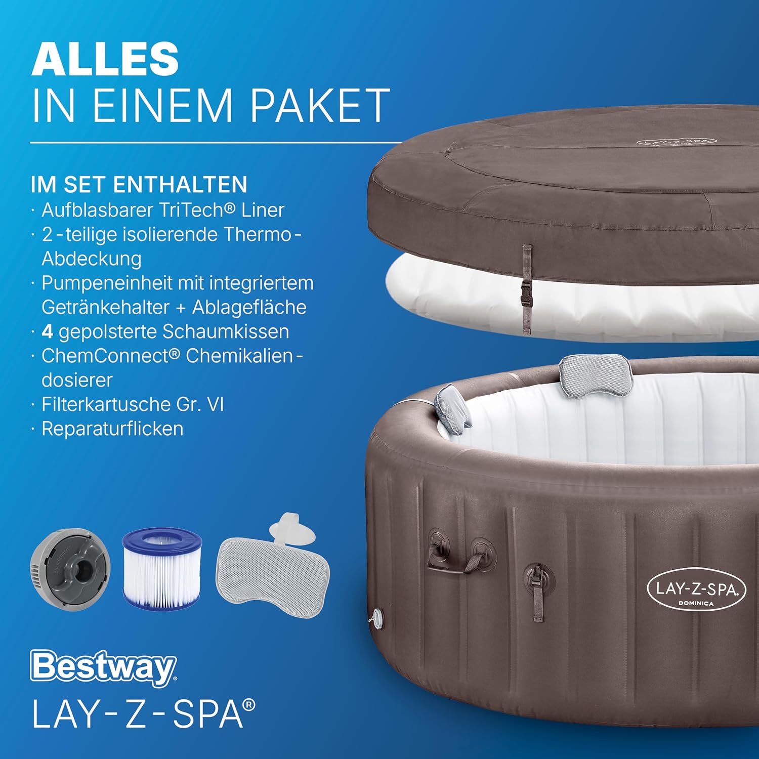 Bestway Lay-Z-SPA Whirlpool Dominica HydroJet, Ø 196 x 71 cm, 6 Personen, Heizung, Frostwächter, 4 HydroJet-Düsen, 140 AirJet-Düsen, App-Steuerung, Thermo-Abdeckung, Energieeffizient, Urbanbraun