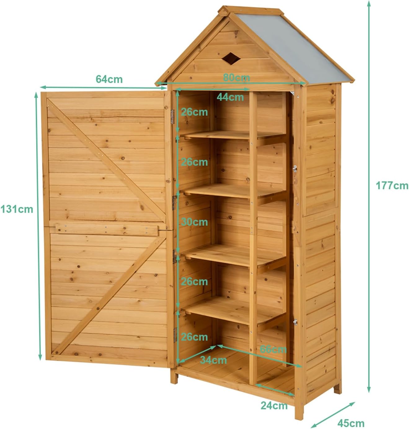 COSTWAY Gartenschrank Holz, Geräteschuppen mit 5 Regalböden und Satteldach, Outdoor Schrank Wetterfest, Geräteschrank Balkonschrank für den außenbereich Garten Balkon (80 x 45 x 177 cm)