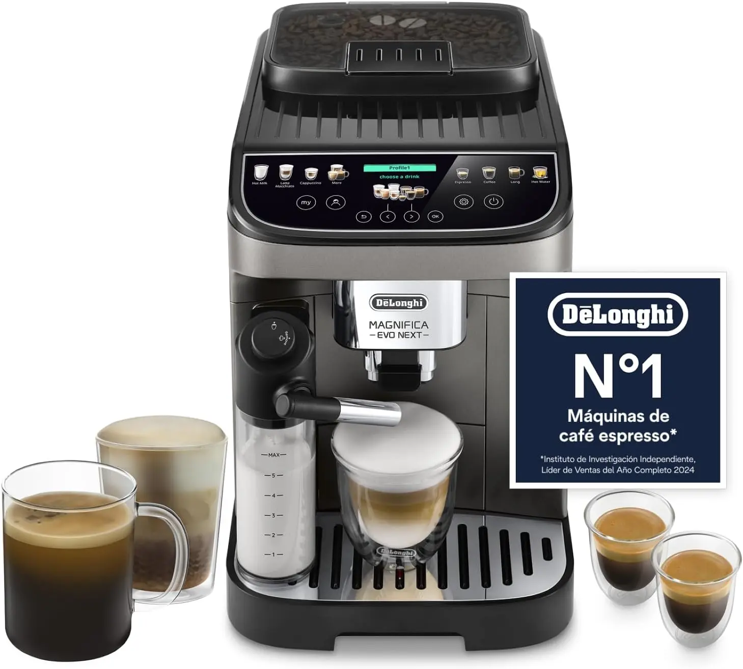Cafetera De'Longhi Magnifica Evo Next, Superautomática 13 Bebidas Titanio, negro