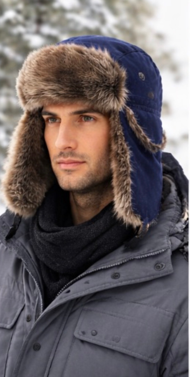 Navy Blue Trapper Hat | Grey Faux Fur 12 PACK 5831NB  22.5