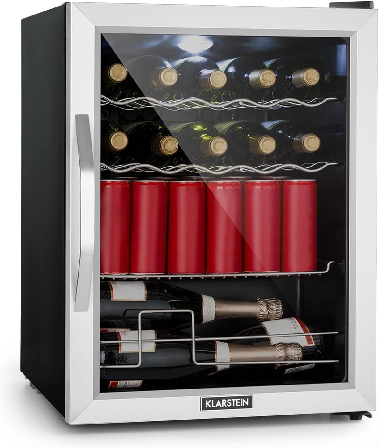 Klarstein Mini Koelkast met Glazen Deur voor Kamer, Drankenkoelkast met Verstelbare Planken, Klein 80 Liter, Indoor/Outdoor Koelkast Stil