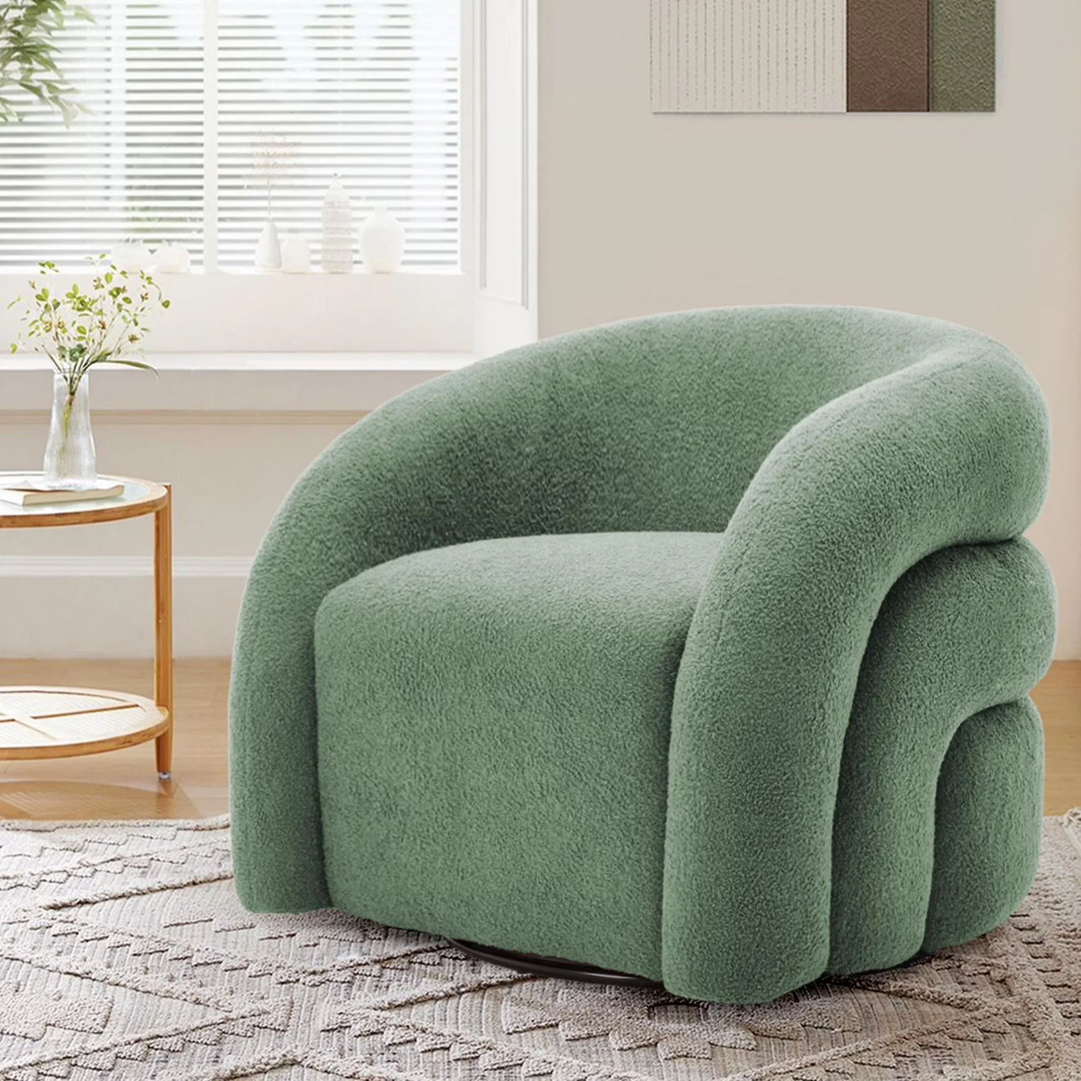 360- Swivel Accent Chair for Living Room, Boucle Barrel Armchair Single Sofa Chair Reading Chair, Sage Green