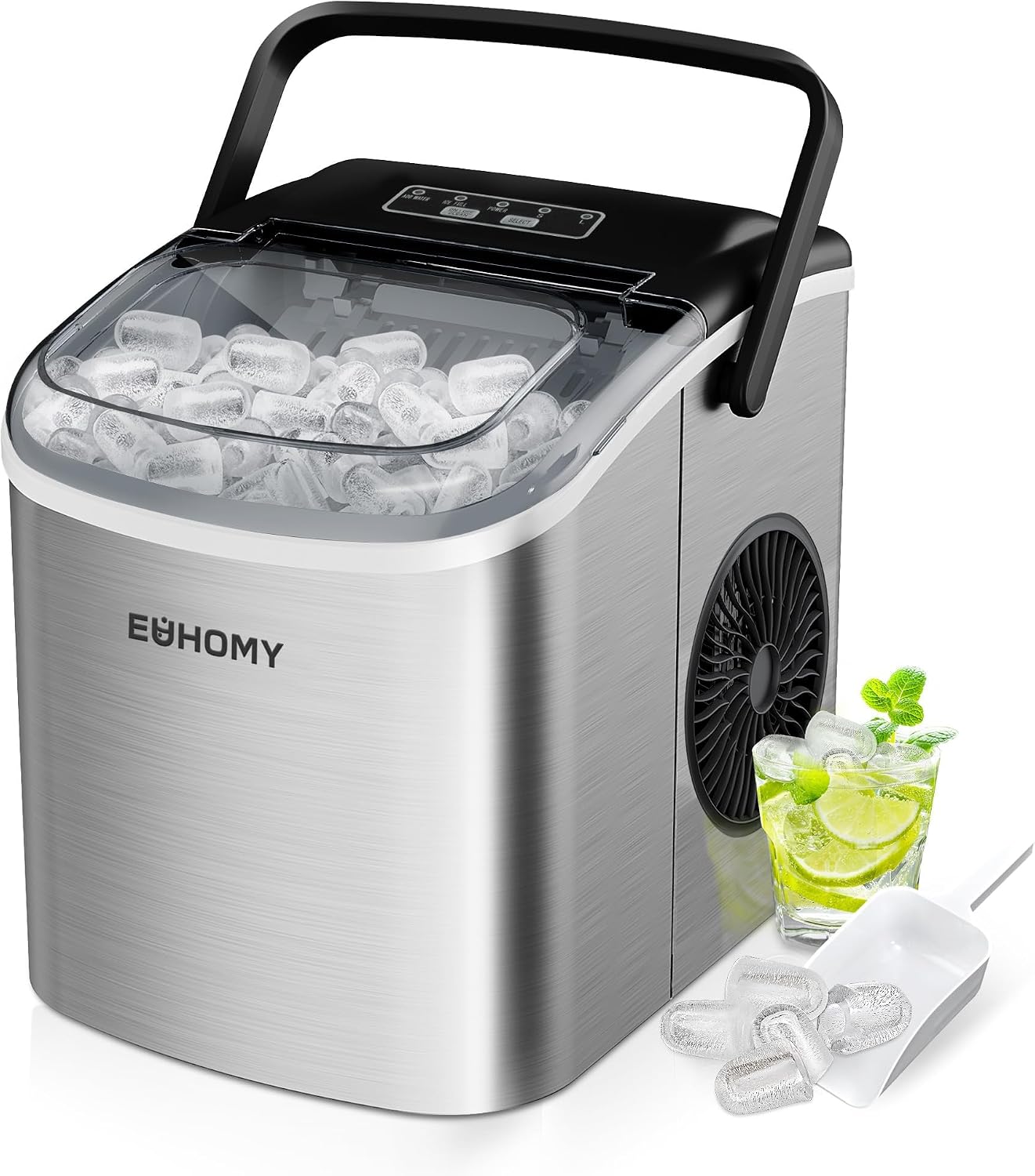 EUHOMY Eiswürfelmaschine Klein, 12KG Eiswürfelbereiter Ice Maker, 9 Würfel in 6 Minuten fertig, Schwarz Eiswürfelmaschine mit Tragbarem Griff, 12KG/24H, Selbstreinigendes Eiswürfelmaschinen