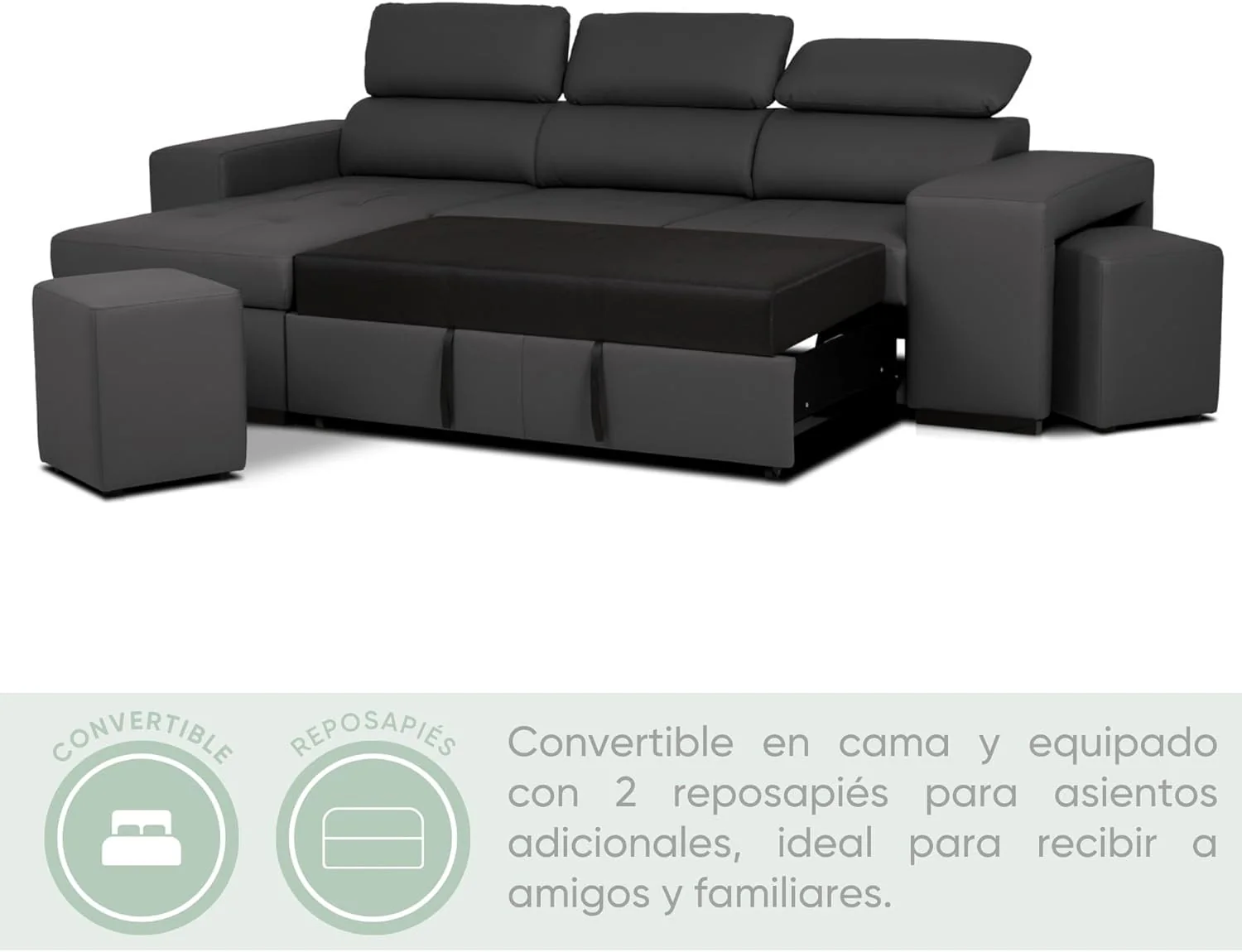 BUDWING John Sofá Cama Esquinero 4 Plazas - Chaise Longue Reversible, Reposacabezas Ajustable y 2 Pufs – Tapizado en Poliuretano – Estilo Moderno – 263x161x96 cm – Negro