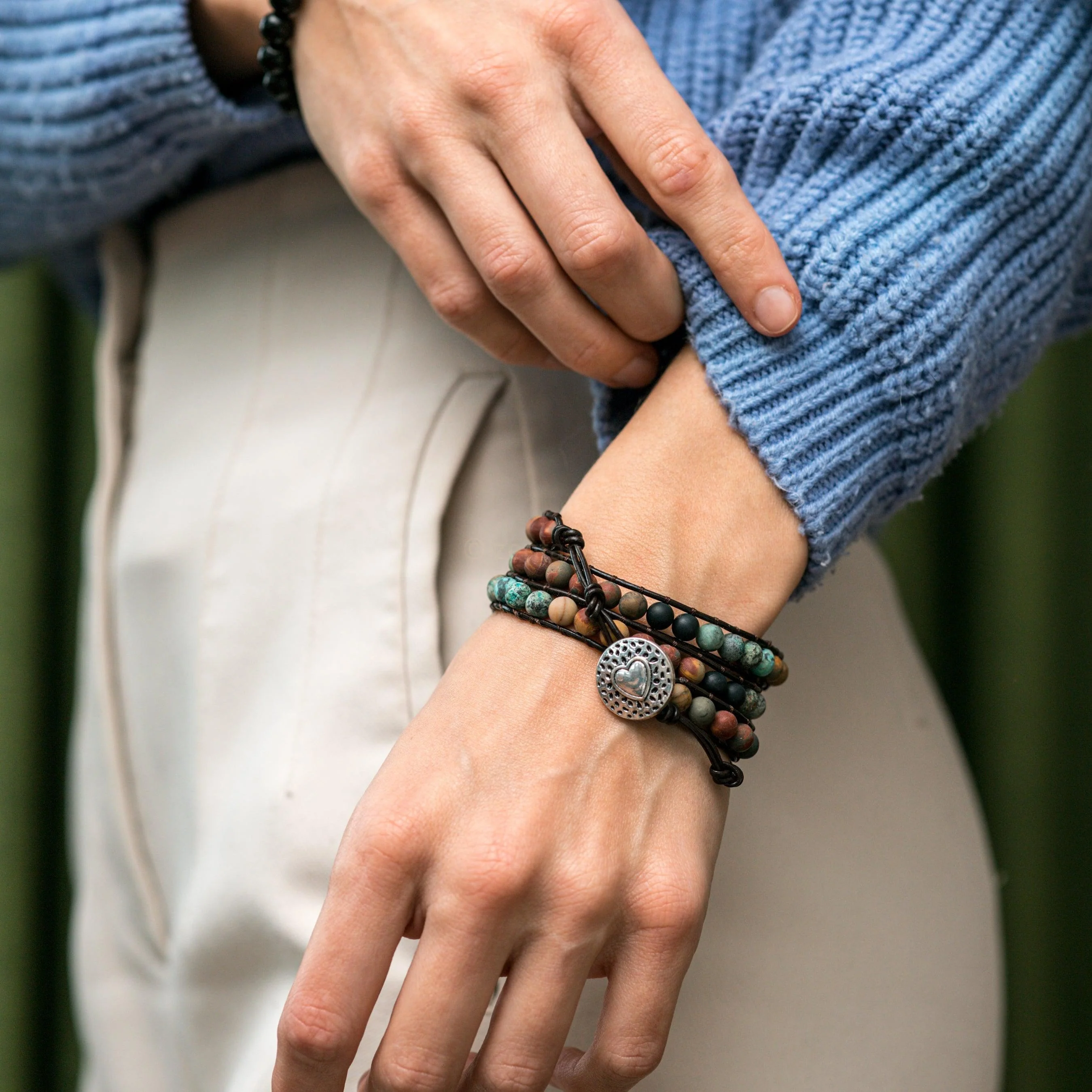 Wikkelarmband Balans - Afrikaans Turkoois & Jaspis - Leer - Liefde