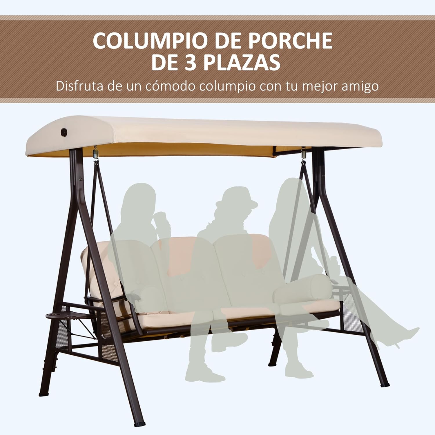 Outsunny Balancín de Jardín Exterior de 3 Plazas Columpio de Jardín Exterior con Toldo Ajustable Bandejas Laterales 2 Almohadas y Marco de Metal Carga 360 kg 208x121x172 cm Beige