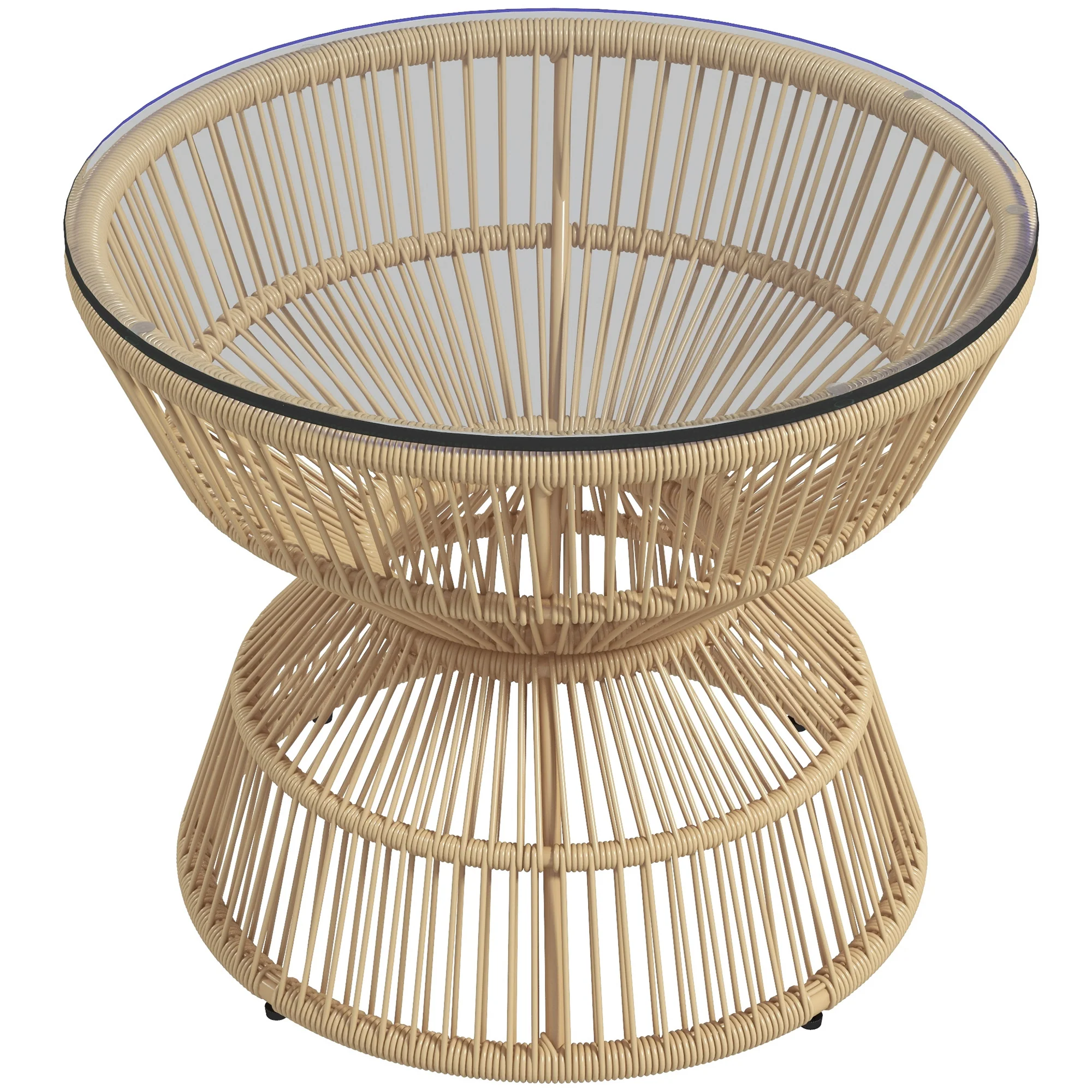 Outsunny Buitentafel Bijzettafel Tuinmeubel Rattan Bijzettafel, Glazen Blad, PE-Rattan, 60 cm x 60 cm x 50 cm, Natuurlijk