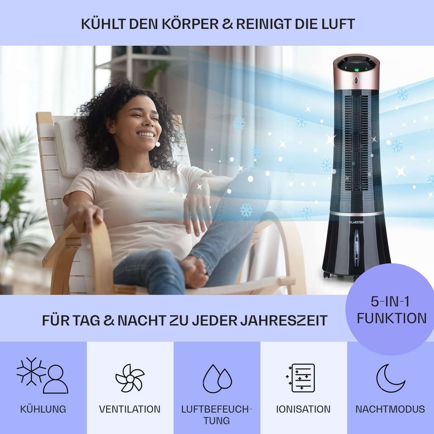 Klarstein 4-in-1: Smart Luftkühler, Ventilator, Luftbefeuchter & Ionisation I 6 L Wassertank, Oszillation, 30 W, 210 m³/h, Timer I Klimagerät ohne Abluftschlauch, Mobiles Klimagerät, Schwarz-Rosegold