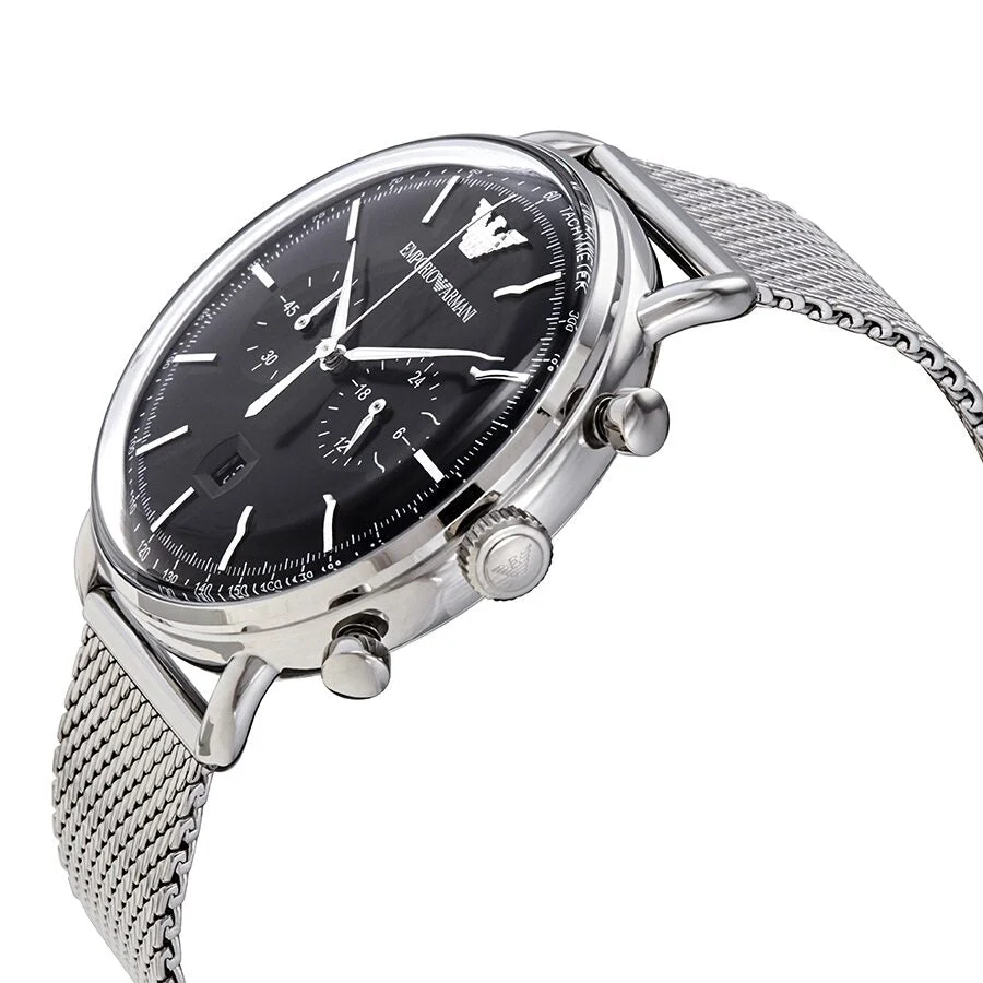 Emporio Armani Aviator Chronograph Black Dial Silver Mesh Men's Watch - AR11104