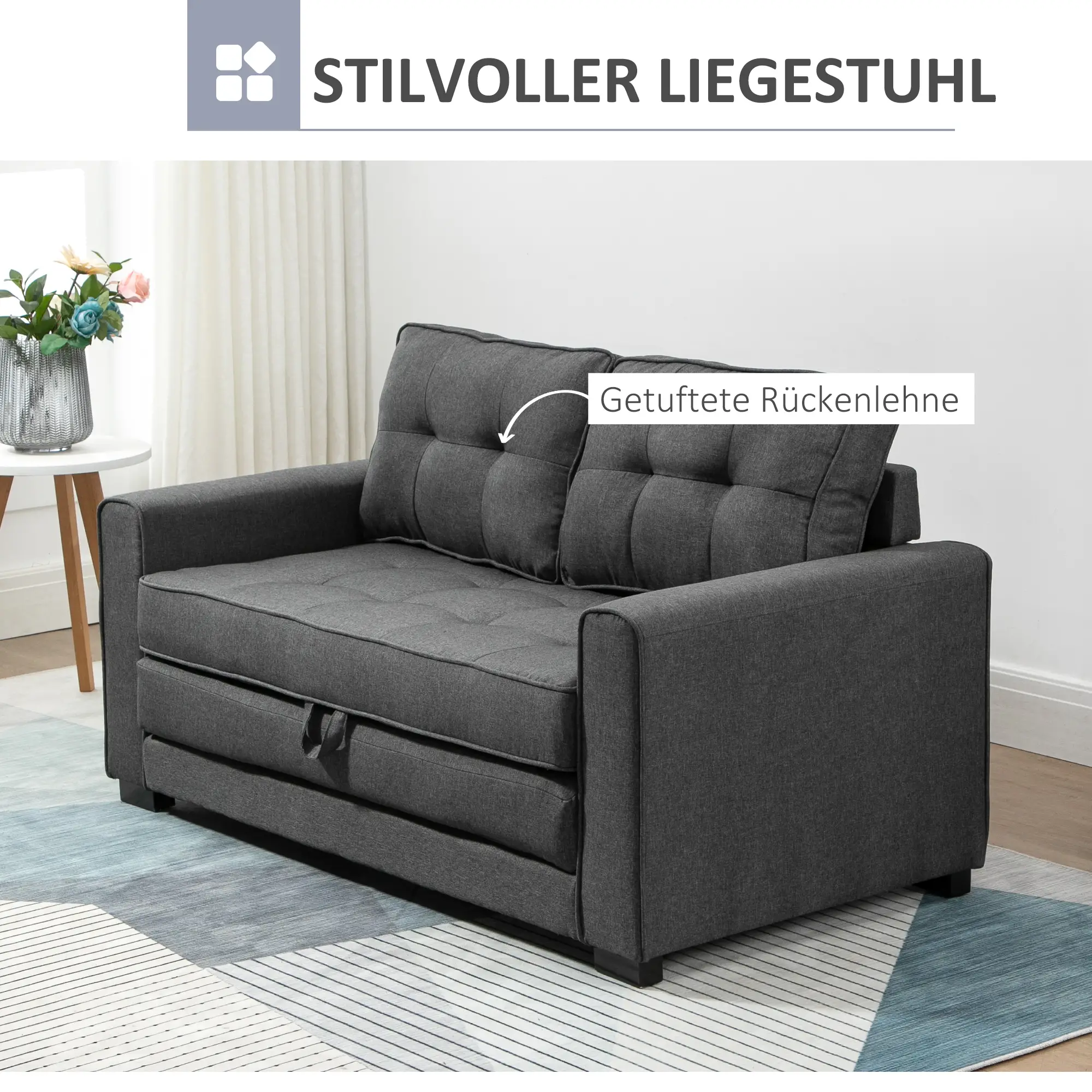 HOMCOM Schlafsofa 2-Sitzer ausziehbar Massivholz Federung Grau