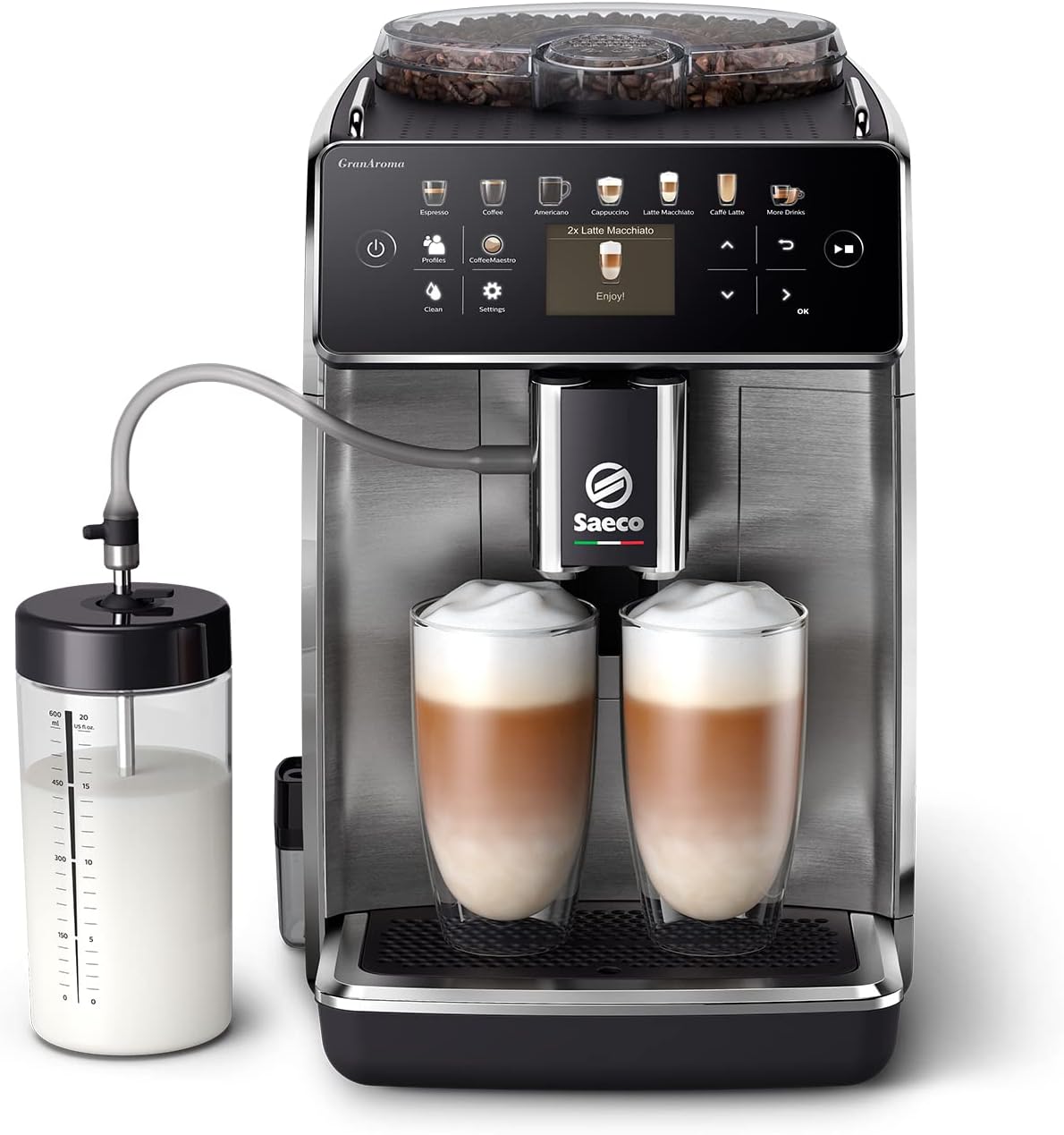 Saeco GranAroma Fully Automatic Espresso Machine, 16 Beverages, 6 User Profiles, Colored TFT Display, Metal Front, SM6585/00