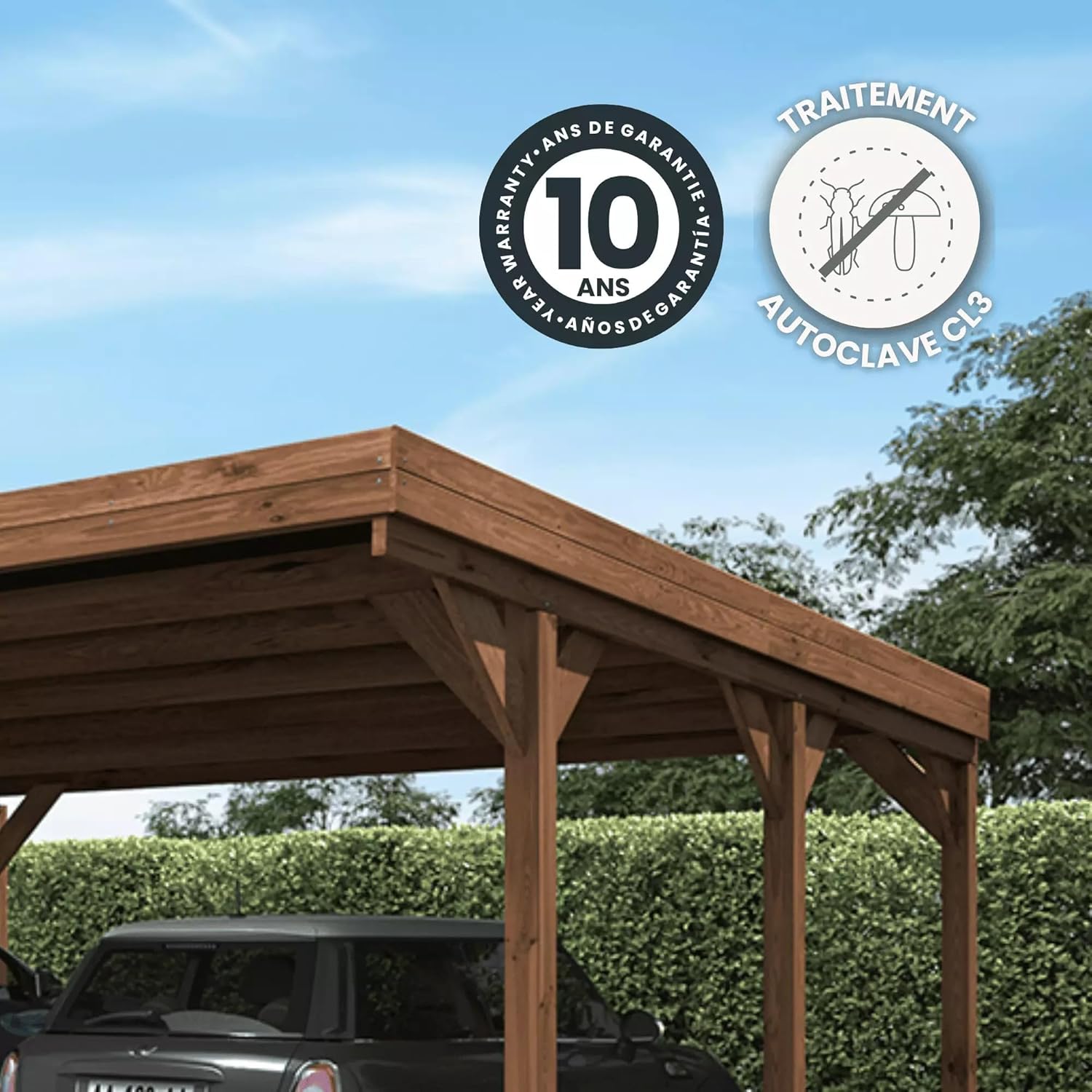 Forest Style Double Victor Carport 31 m² (6.05 x 5.12 x 2.54 m) – Treated Pine Wood – Polycarbonate Roof – Covered Parking for 2 Cars – Robust and Sturdy Structure
