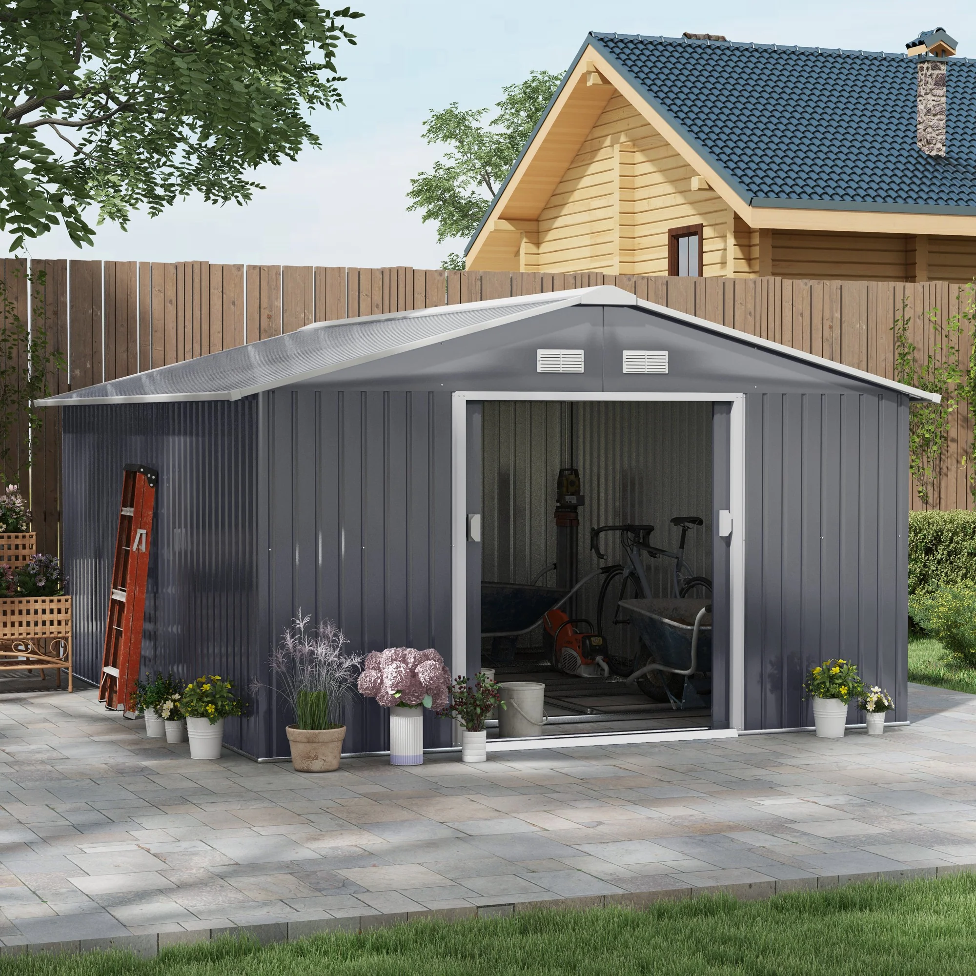 Outsunny Gereedschapsschuur met fundering 24,5 m³ gereedschapsschuur tuinhuisje stalen schuifdeur