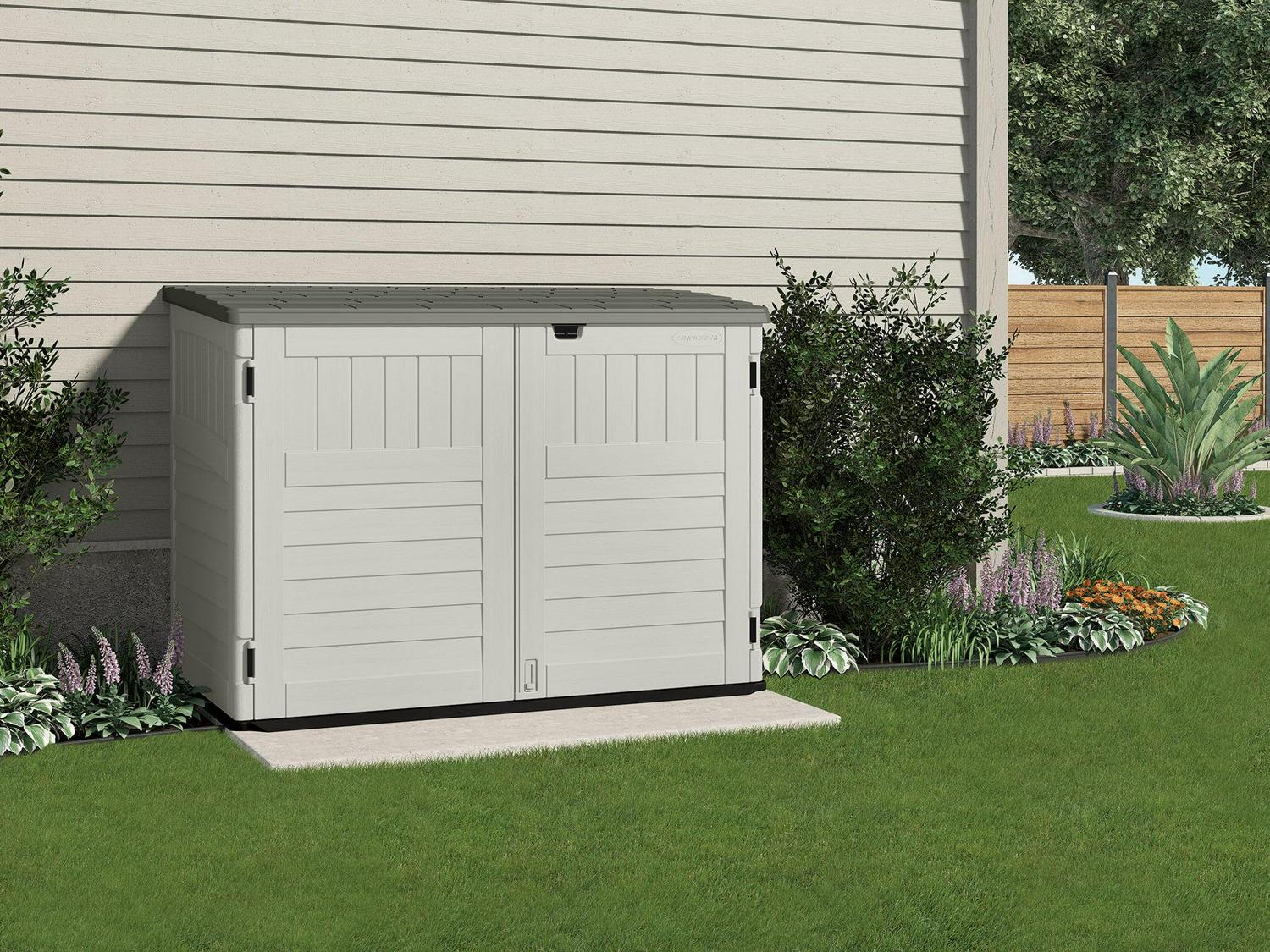 Suncast BMS4700 Resin Storage Shed, Off-White/Gray, 70.5′′W x 44.25′′D x 52′′H, Double Door, UV Resistant