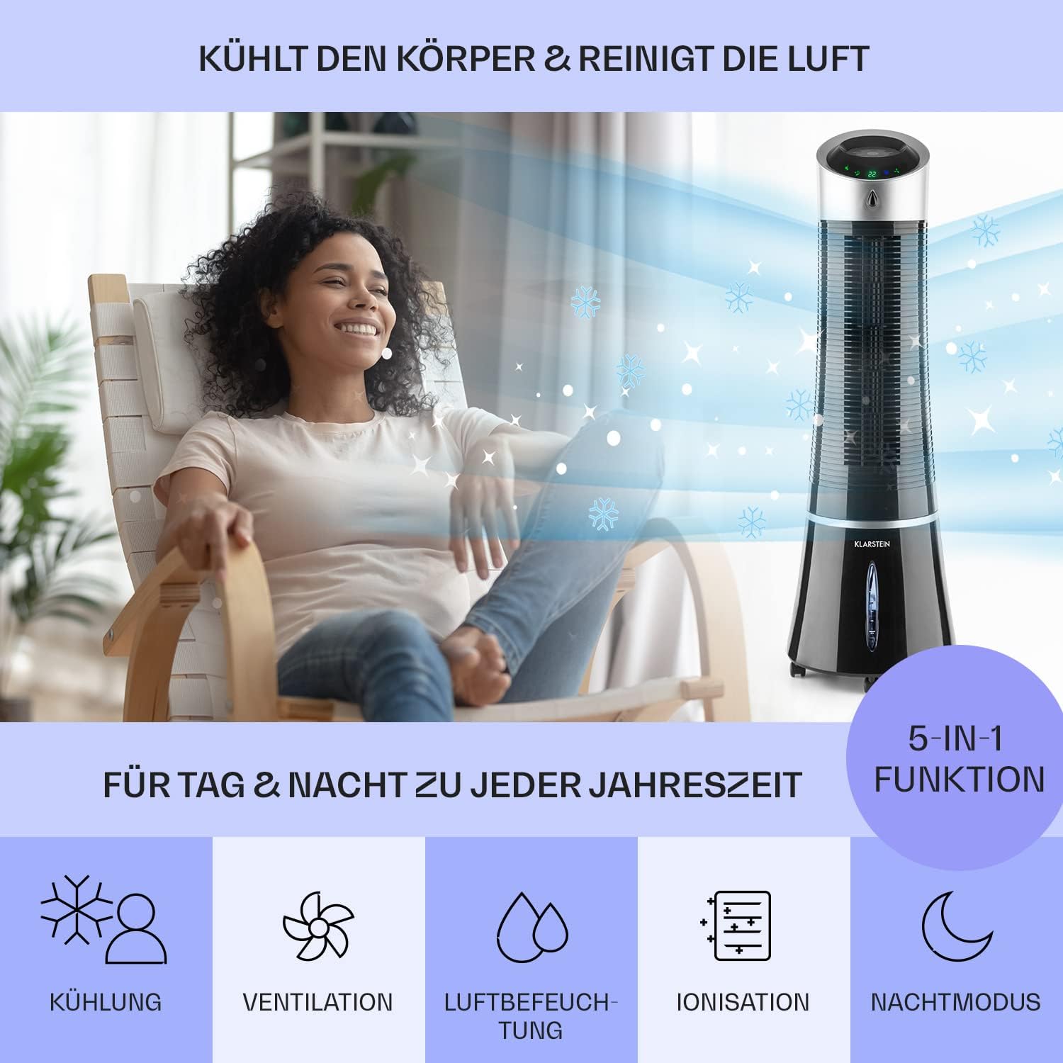 Klarstein 4-in-1: Smart Luftkühler, Ventilator, Luftbefeuchter & Ionisation I 6 L Wassertank, Oszillation, 30 W, 210 m³/h, Timer I Klimagerät ohne Abluftschlauch, Mobiles Klimagerät, Schwarz-Rosegold