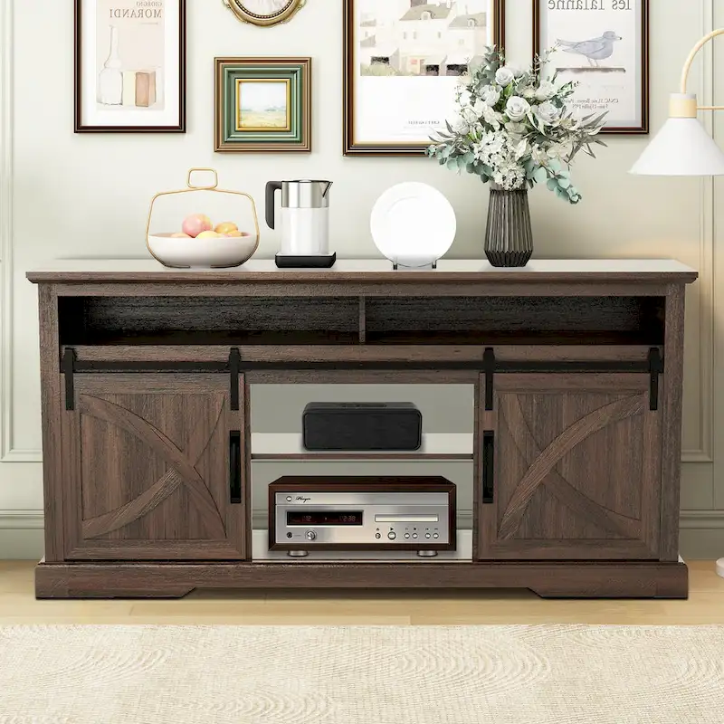 68-Inch Walnut Sliding Barn Door TV Stand Console with Open Storage Compartment