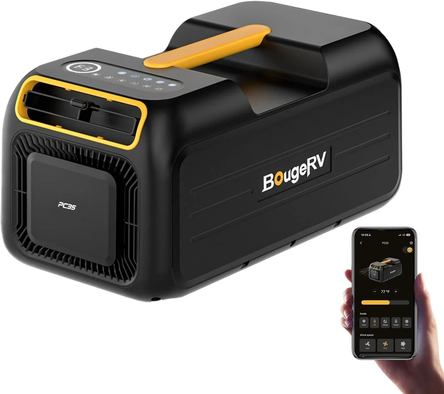 Aire acondicionado portátil BougeRV 2026 PC35, 3500 BTU, unidad de aire acondicionado 5 en 1 con aplicación, compacto con asa, CA 100V-240V, aire acondicionado de camping para autocaravanas, tiendas de campaña, camiones y furgonetas