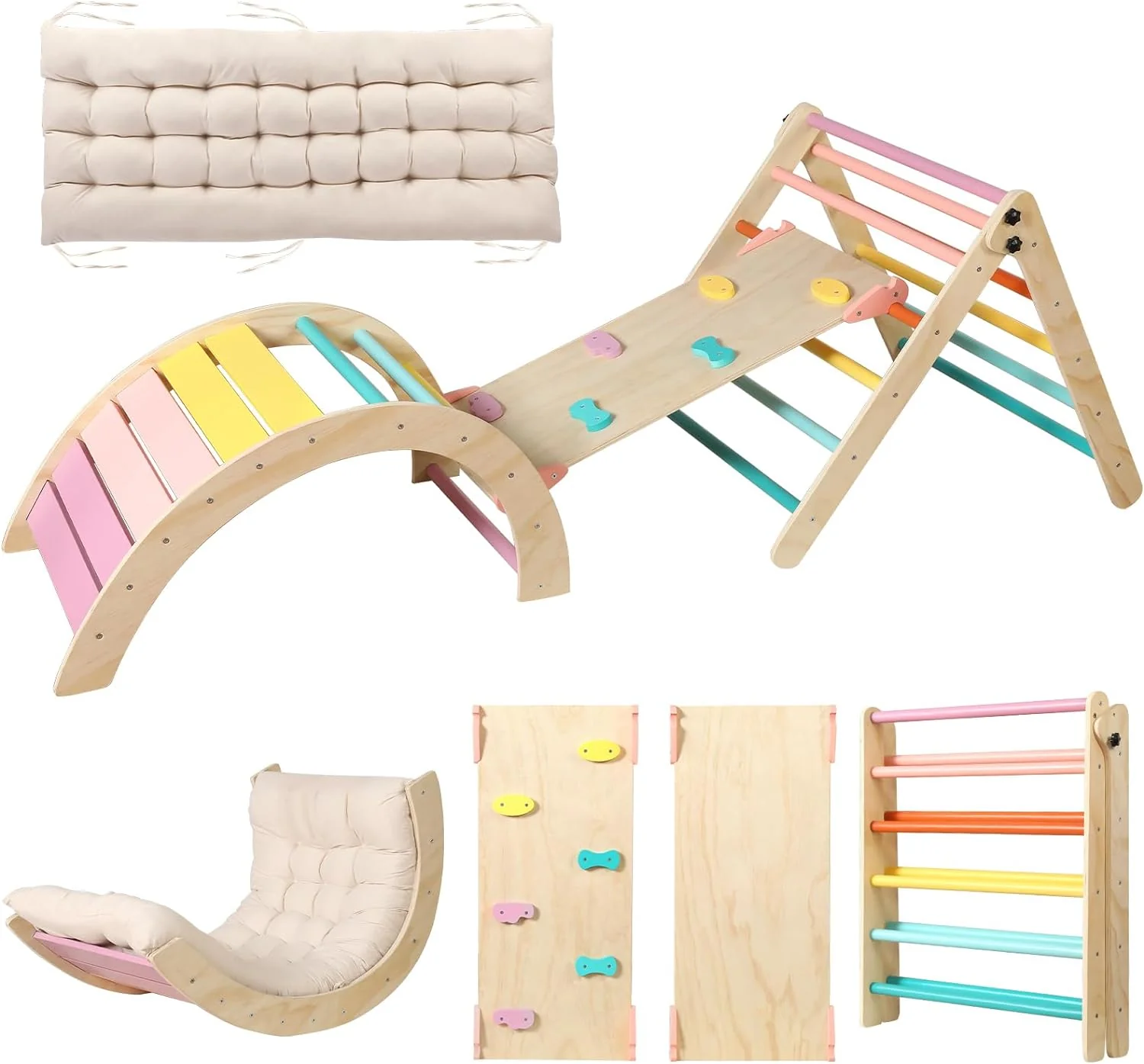 Driehoekset met kussen, 5-in-1 Montessori klimset, opvouwbaar, klim-binnenspeeltuinset voor peuters, houten klimspeelgoed met glijbaan en klimboog voor kinderen (houtkleur)