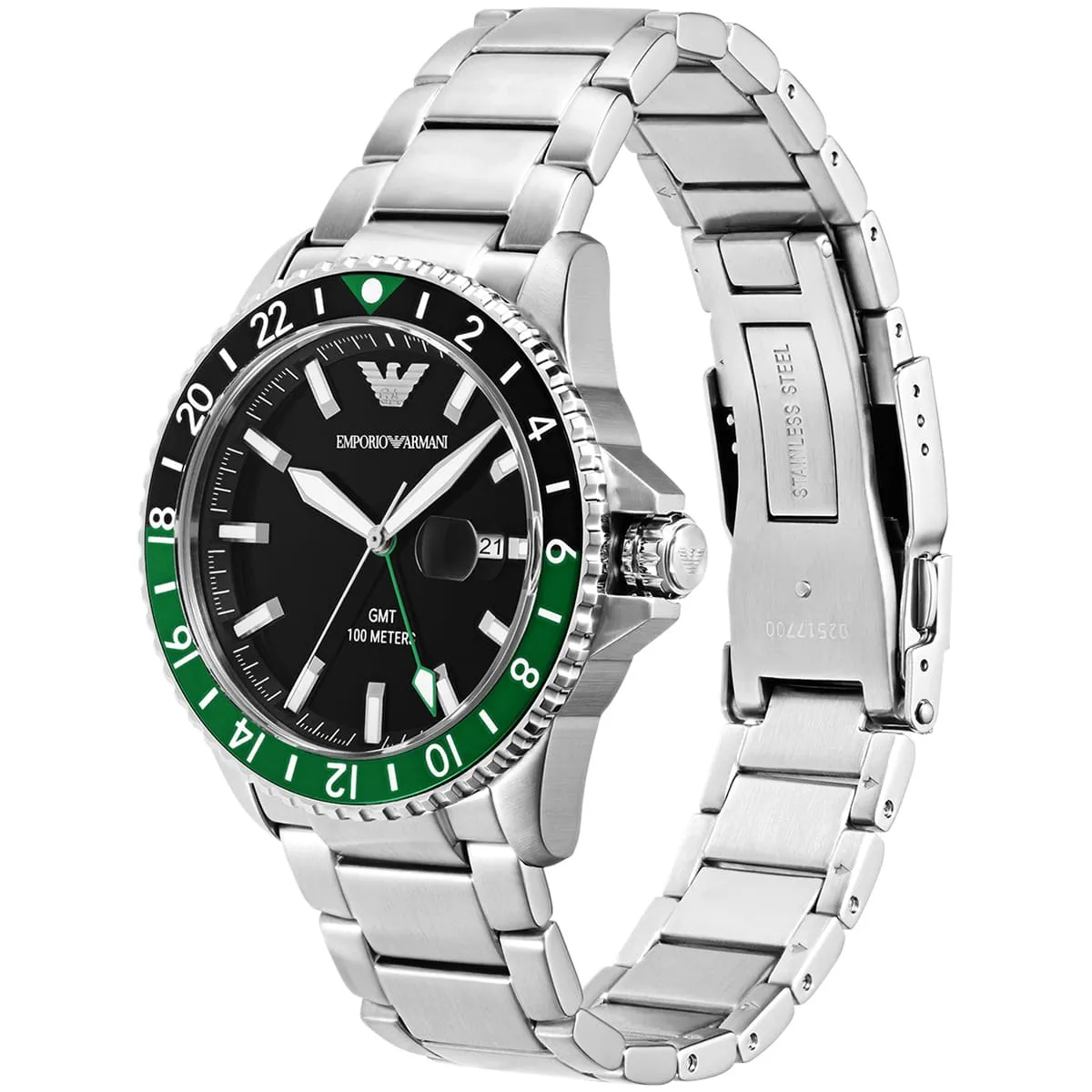 Emporio Armani Diver GMT Black Enamel Dial Silver Men's Watch - AR11589
