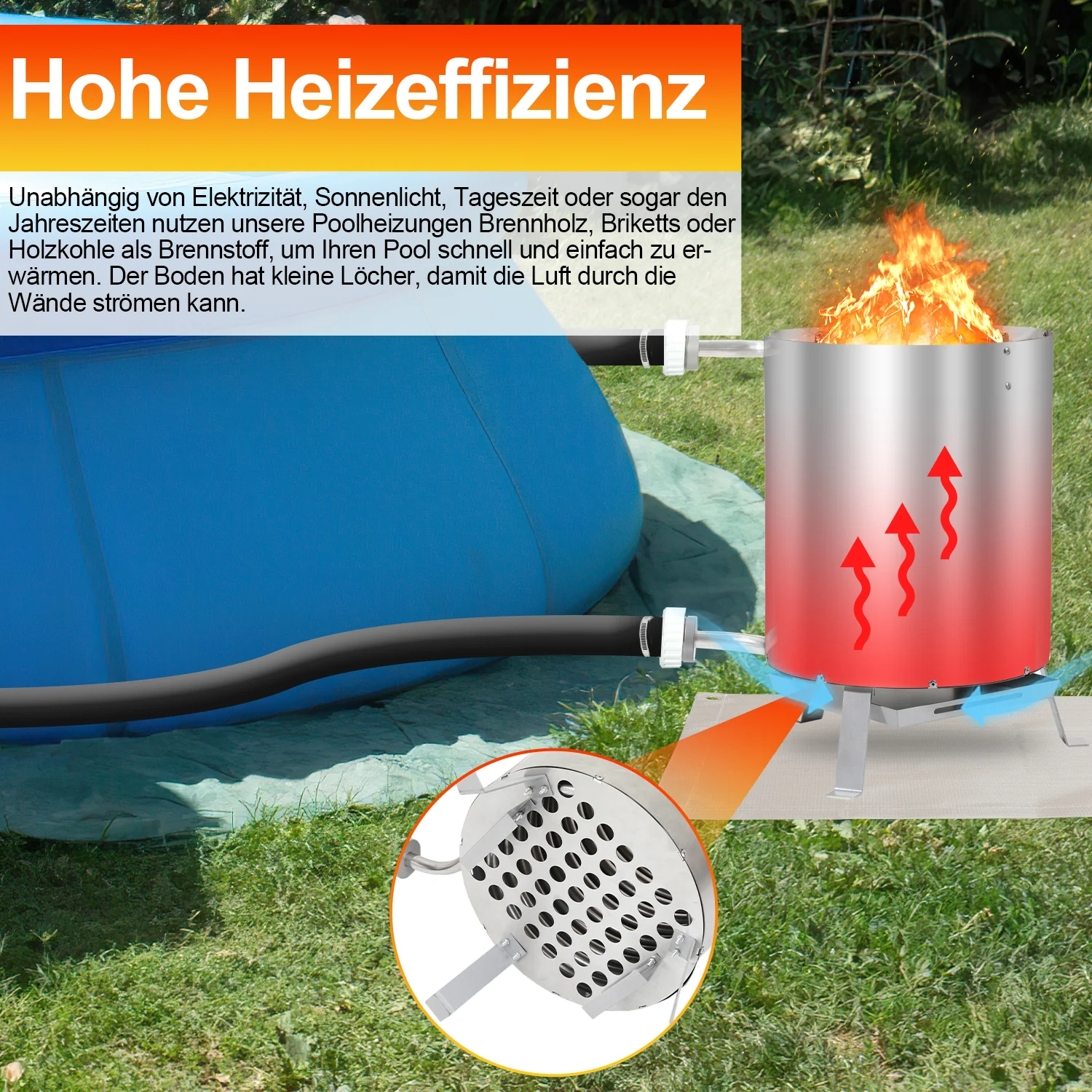 Sonnewelt Poolheizung Feuertonne mit Heizspirale Edelstahl