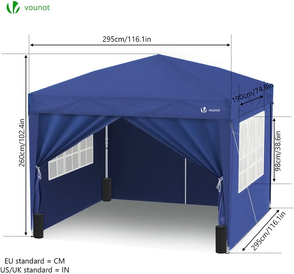 VOUNOT Carpa Plegable Gazebo 3x3m con 4 Paredes y 4 Bolsas de Arena, Cenador Pabellón de Jardín para Camping, Fiestas, Exterior, Color Azul