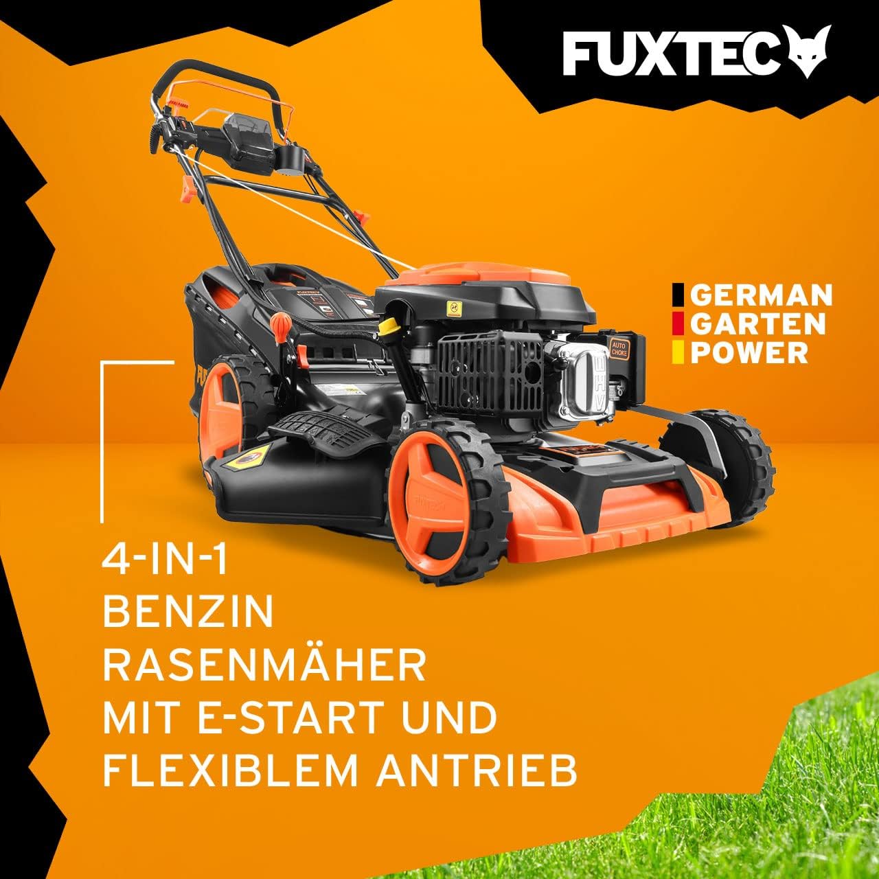 FUXTEC 4in1 Benzin Rasenmäher FX-RM5196eSPRO mit E-Start und regulierbarem Selbstantrieb, Gartenmäher inkl. Frontstoßstange, 51 cm Schnittbreite, kugelgelagerte Big Wheel Räder, 60L Grasfangkorb