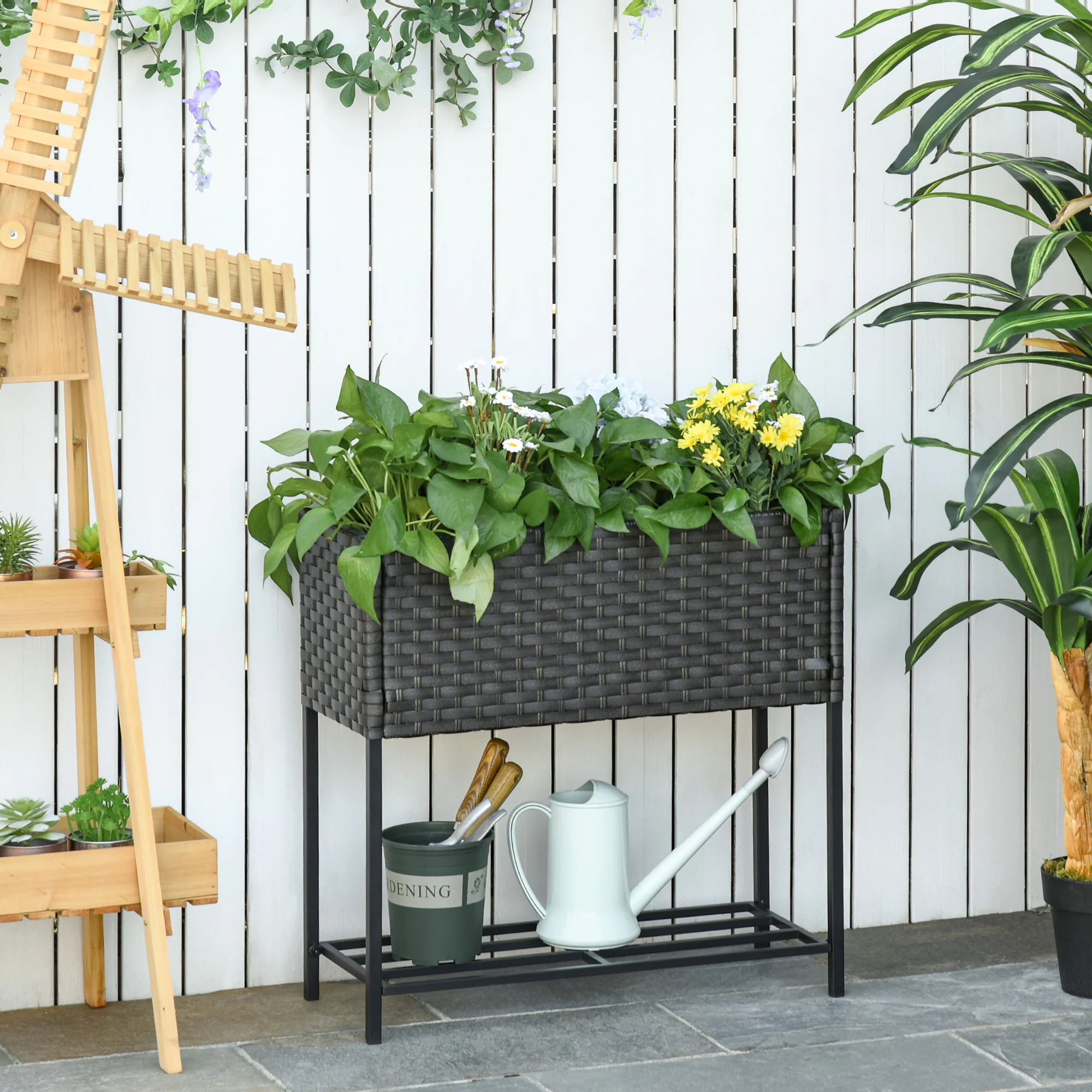 Outsunny Hochbeet Pflanzkübel rückenschonend mit Ablage Poly-Rattan