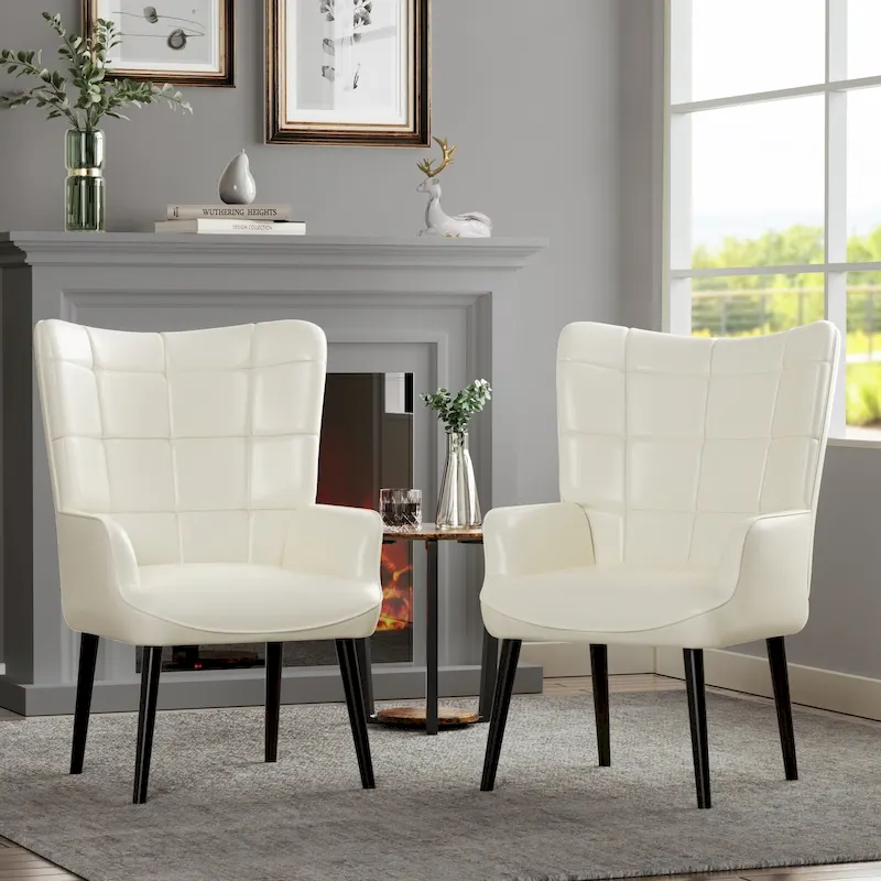 Set of 2 High-Back Tufted Accent Chairs in Cream, Brown, and Taupe