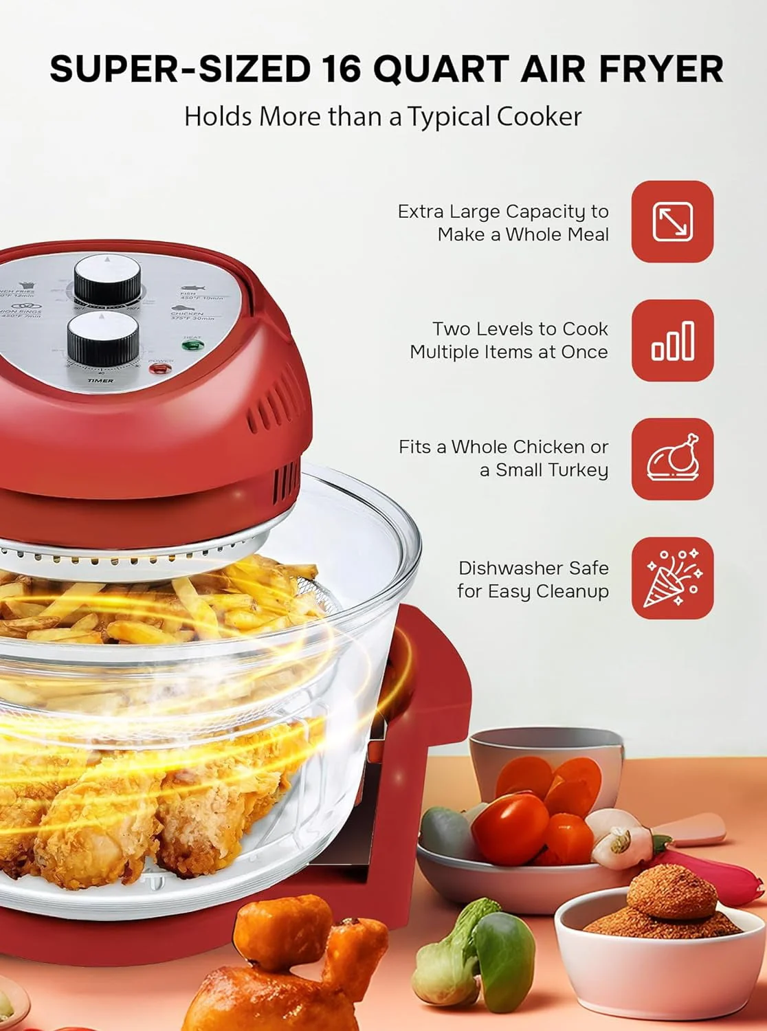 Big Boss Air Fryer Toaster Oven Combo 16Qt Kitchen Countertop Convection Rotisserie 1300W Large Glass Bowl