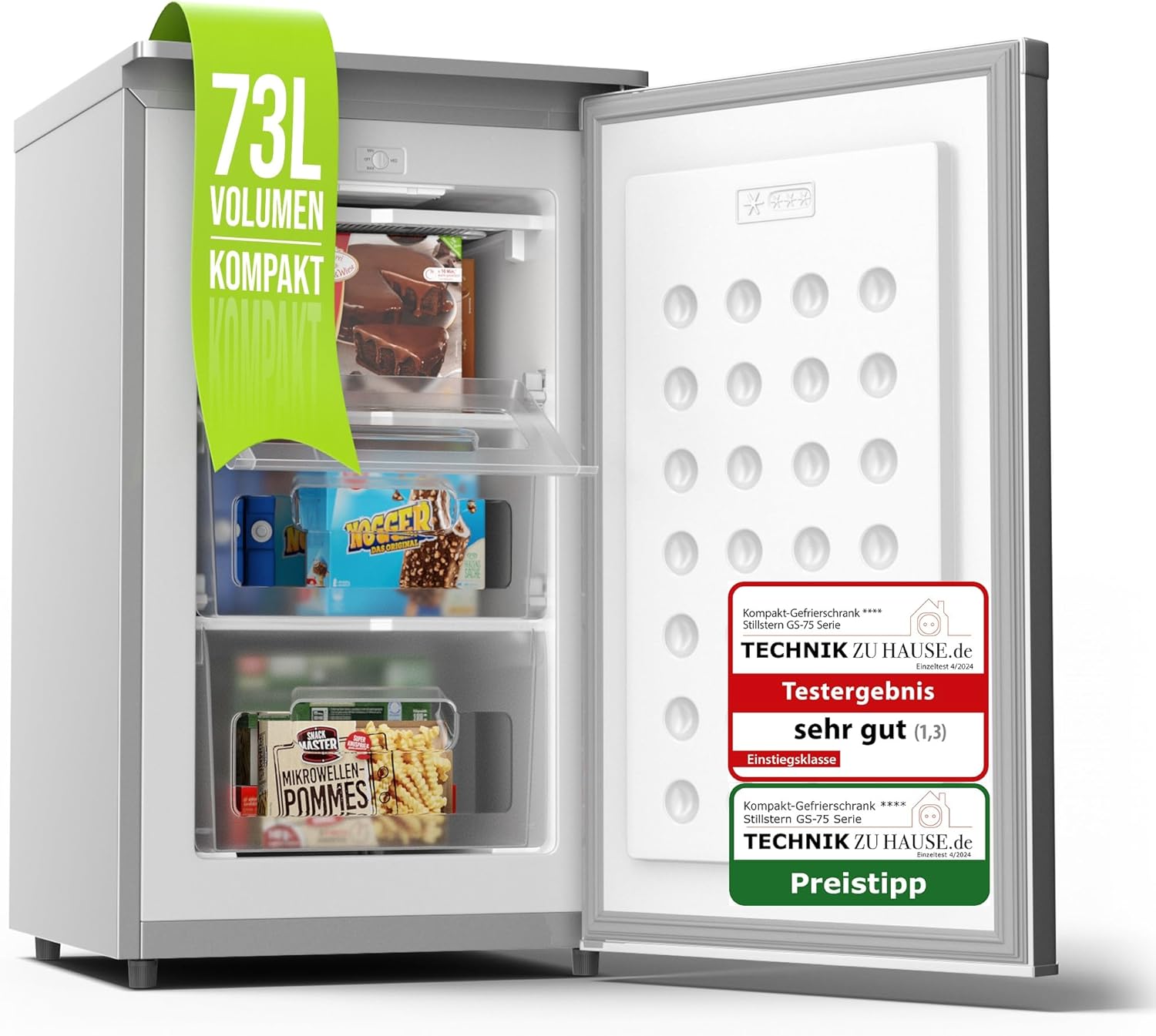 Stillstern Gefrierschrank C (73L) 4-Sterne-Gefrierfach -18°C, geringer Energieverbrauch, 3 Fächer, stufenlos regelbare Temperatur, wechselbarer Türanschlag, Gefrierschrank Klein, Tiefkühlschrank