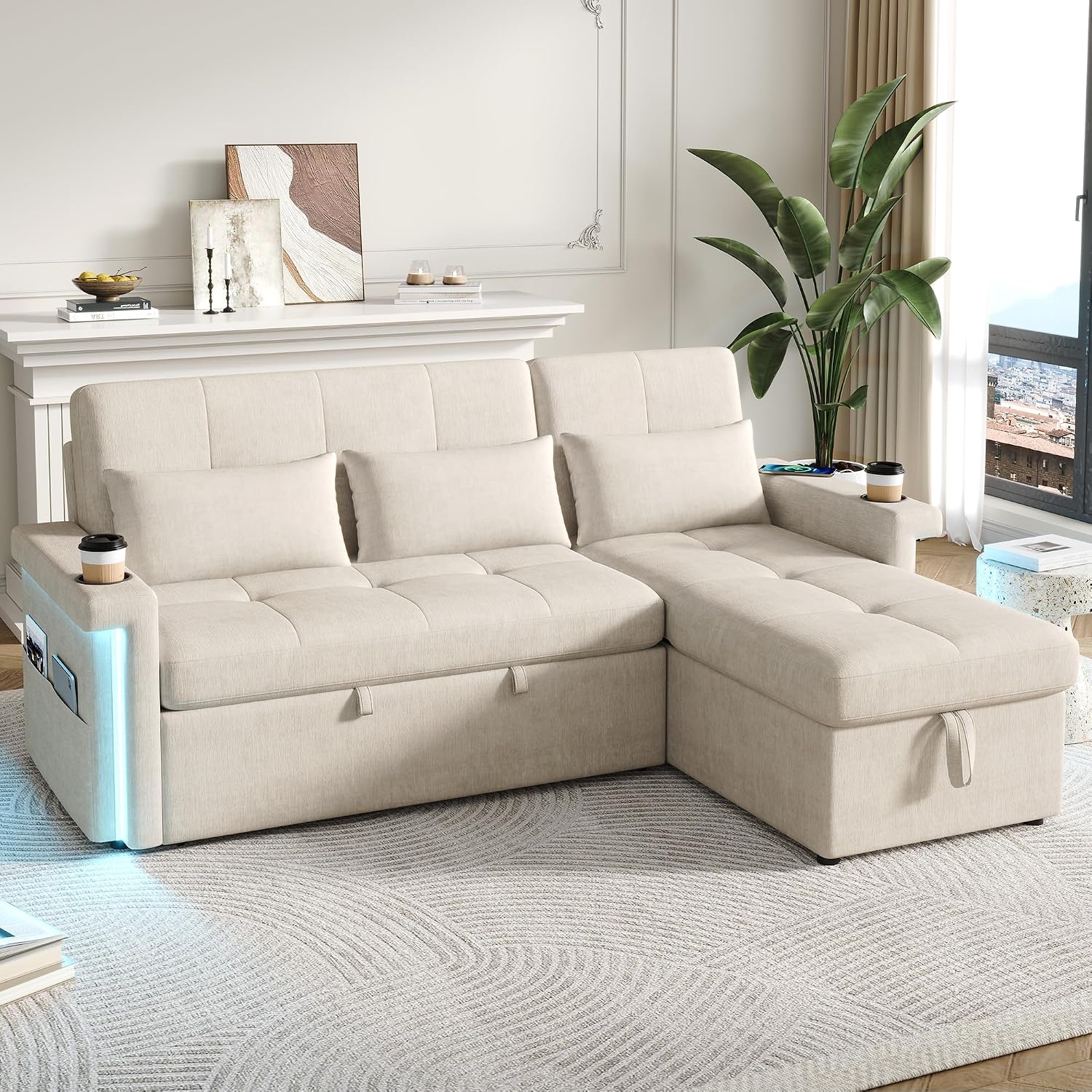 ladez Sofá Cama esquinero en Forma de L con función de Dormir con LED y Conexiones USB, Respaldo Ajustable, sofá esquinero de 3 plazas con Espacio de Almacenamiento, Chaise Longue para salón