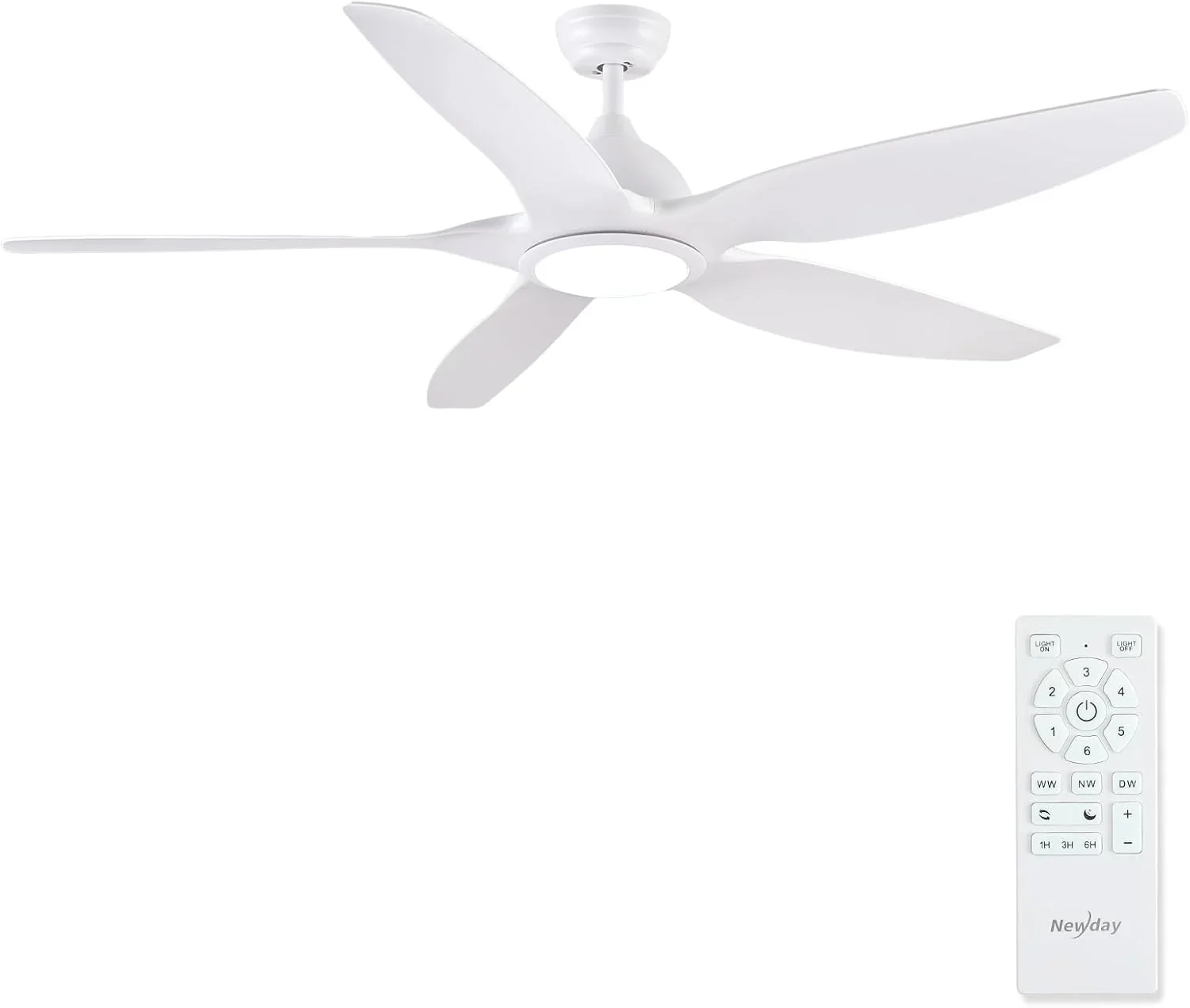 Newday 153cm Grande Ventilador de Techo Blanco con Luz y Mando a Distancia, LED Dimmer, Motor DC reversible para uso en verano e invierno, 5 aspas Silencioso para Dormitorio Sala de estar del Balcón