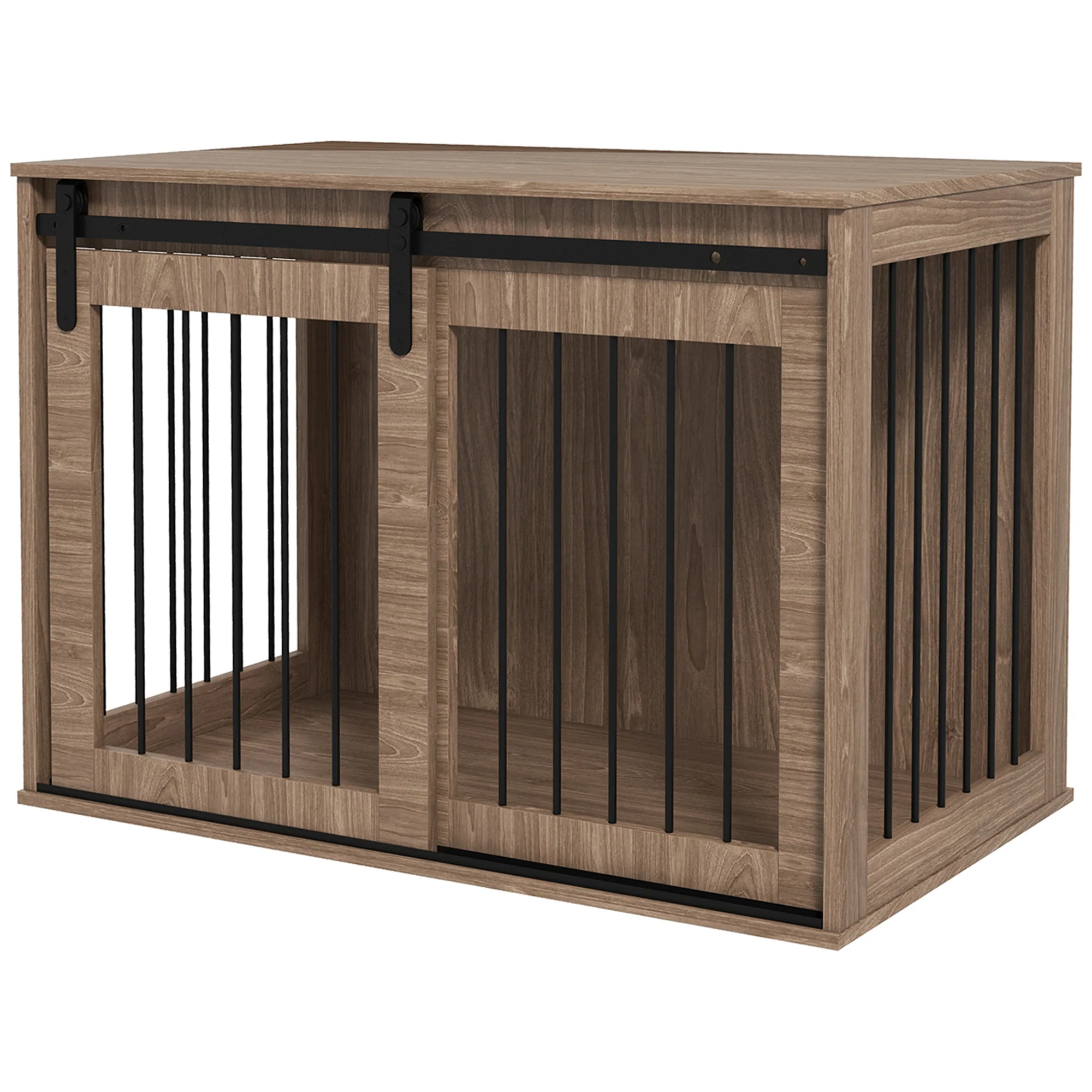 PawHut Hondenbench Hondenkooi, Afsluitbaar, Houtlook, Rustiek Ontwerp, 98 cm x 58 cm x 67 cm, Walnoot + Zwart