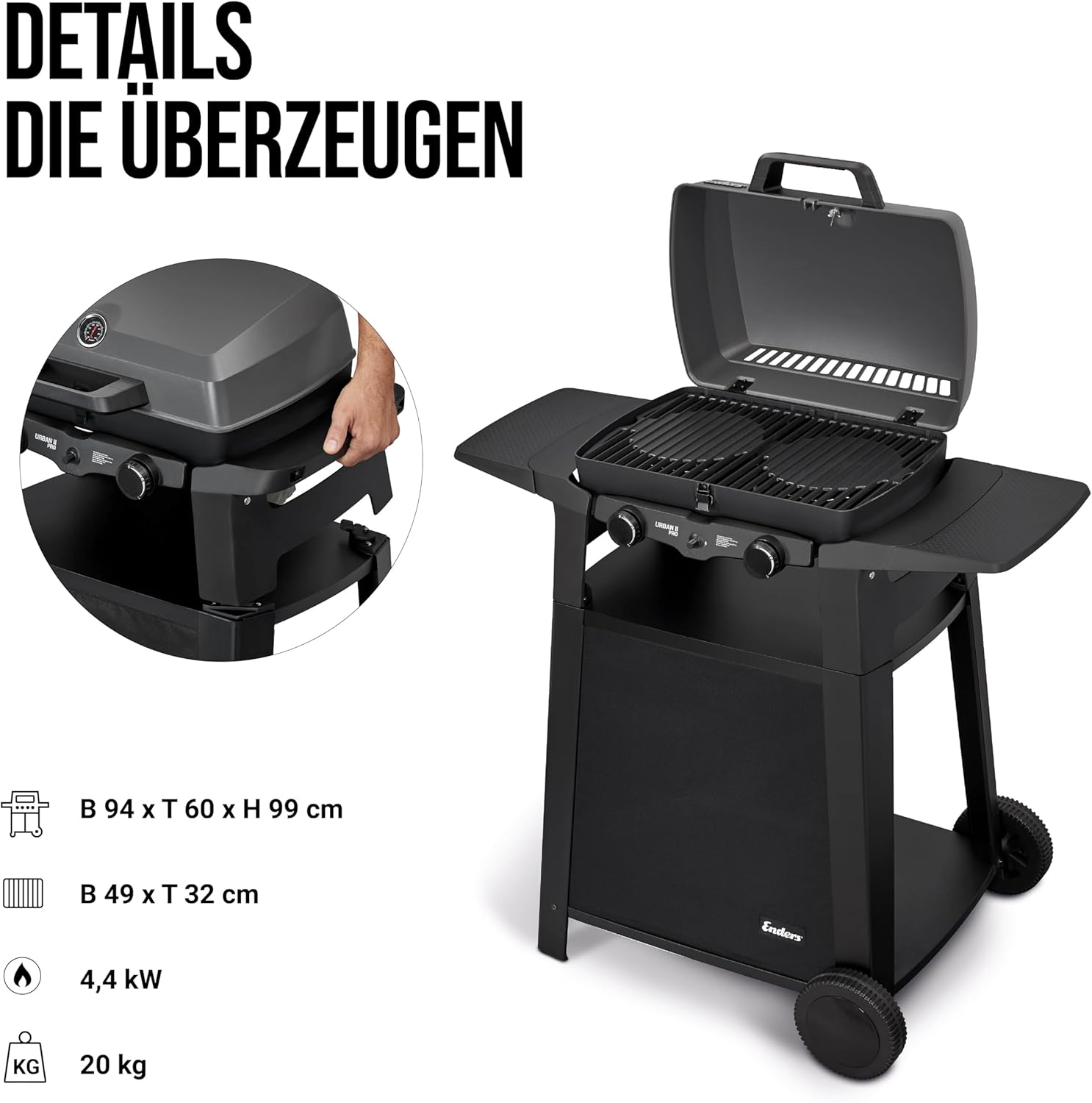 EndersGasgrill Urban II Pro, Tischgrill, Grillen-, Kochen- und Backen Funktion, 2 Brenner Edelstahl, mit Grill-Thermometer, Balkon-, Camping-Grill, Aluguss-Gehäuse, Gusseisen-Rost, #2062