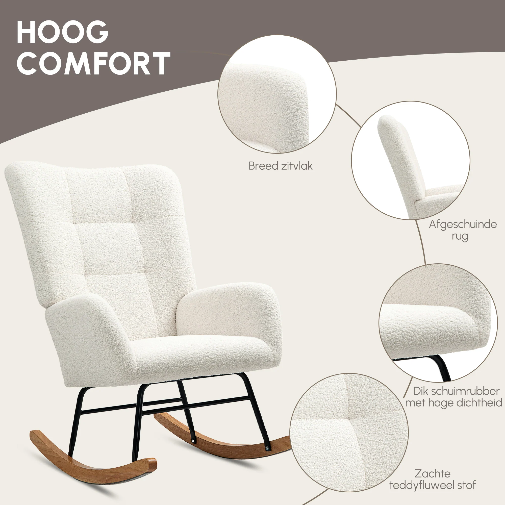 HOMCOM Schommelstoel, Knusse Bekleding, Dikke Polstering, Antislip, Crèmewit
