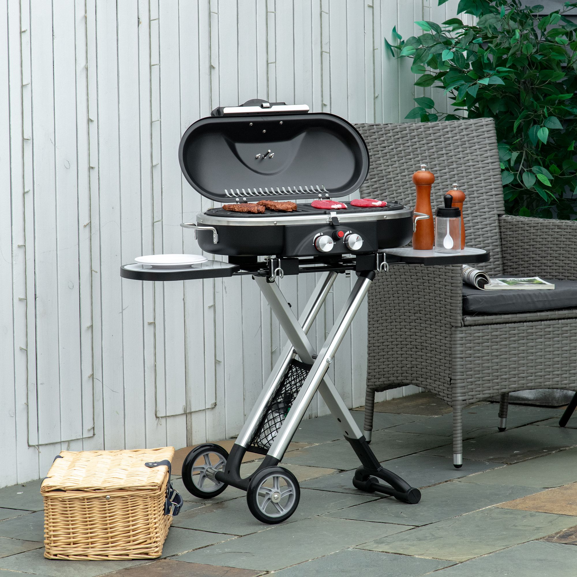 Outsunny Grillkar, inklapbaar, opbergrek, vetopvangbak, roestvrij, aluminium, 100 x 41,6 x 82,5 cm, zwart/zilver