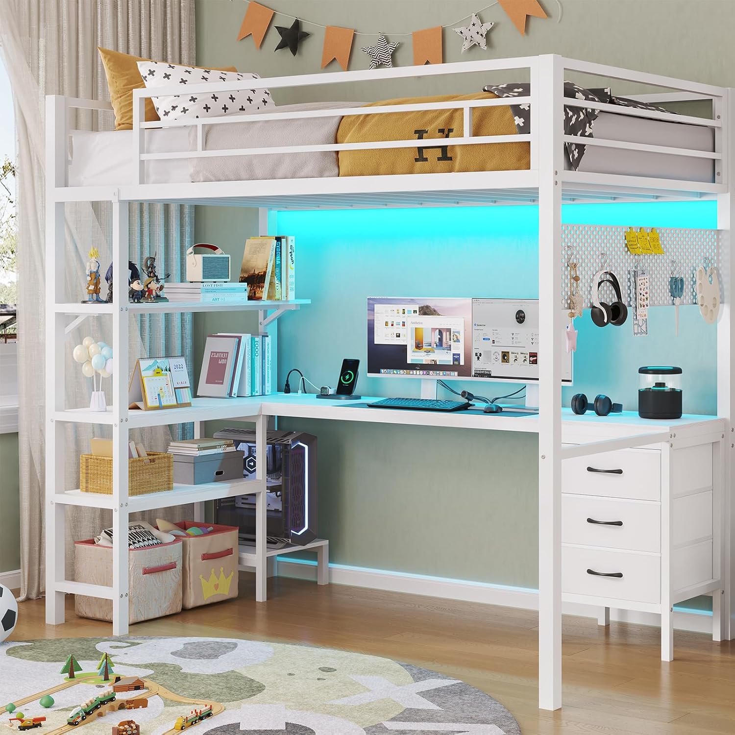 ADORNEVE Loft Bed Twin Size with L-Shaped Desk, LED Lights,Charging Station,Twin Metal Loft Bed with Desk, Fabric Drawers & Shelves, 13.4