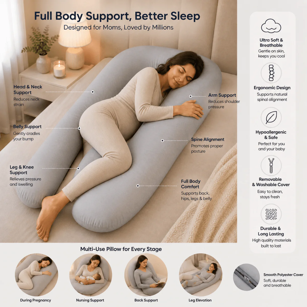 9 Foot Maternity Pillow And Case - Light Blue