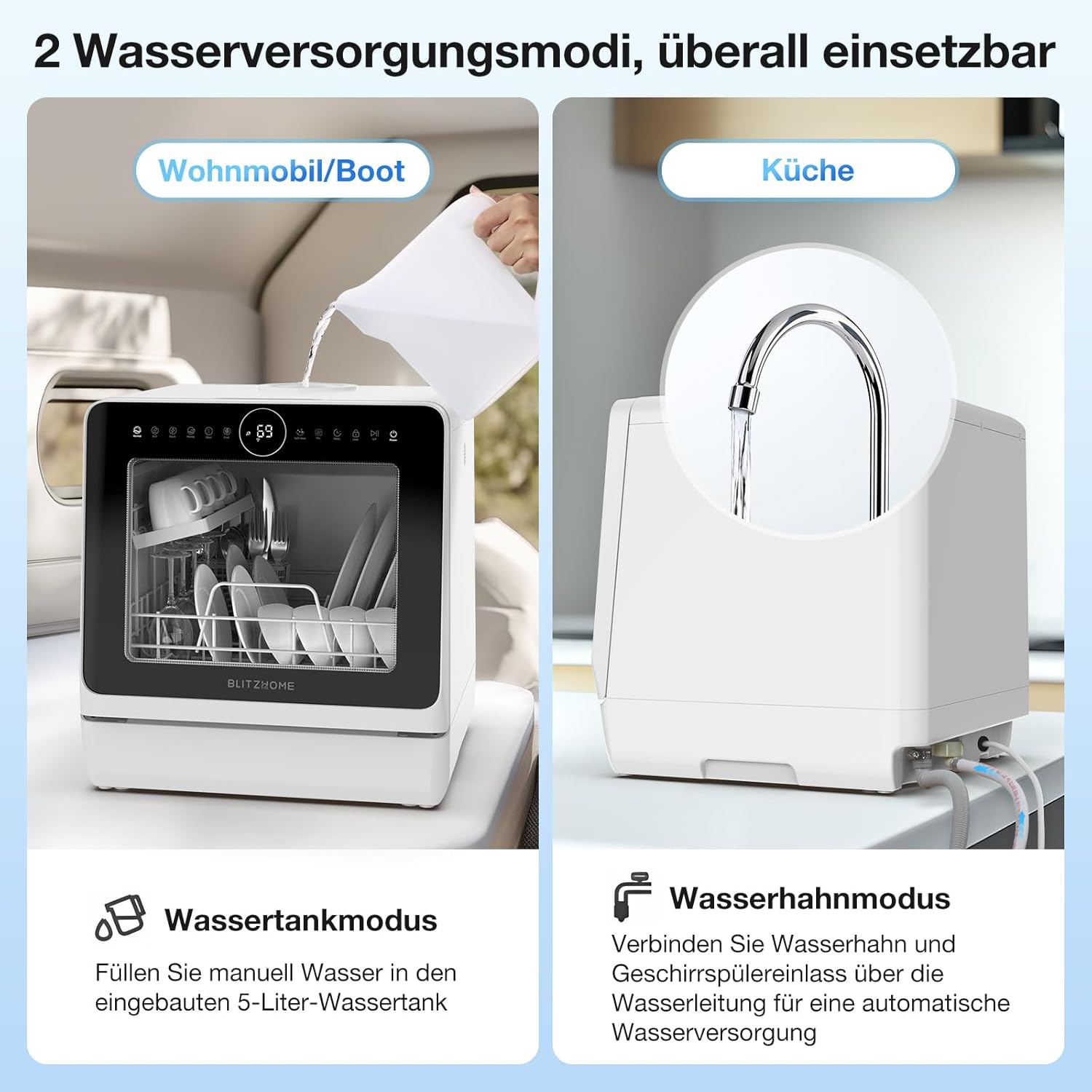 Mini Spülmaschine, BLITZHOME Geschirrspüler 8+2 Programme Smart App Steuerung Tragbarer Tischgeschirrspüler 5L Wassertank,mit/ohne Wasseranschluss Benutzbar, Trocken, Startverzögerung, Kindersicherung
