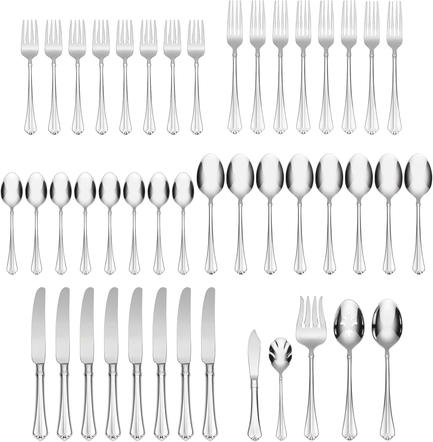 Oneida Silverware Set For 8, Juilliard 45-Piece Fine Flatware Set with Serving Utensils, Service For 8, 18/10 Stainless Steel, Mirror Finish, Dishwasher Safe,Knives Spoons & Forks Set(Silver 45 Piece)