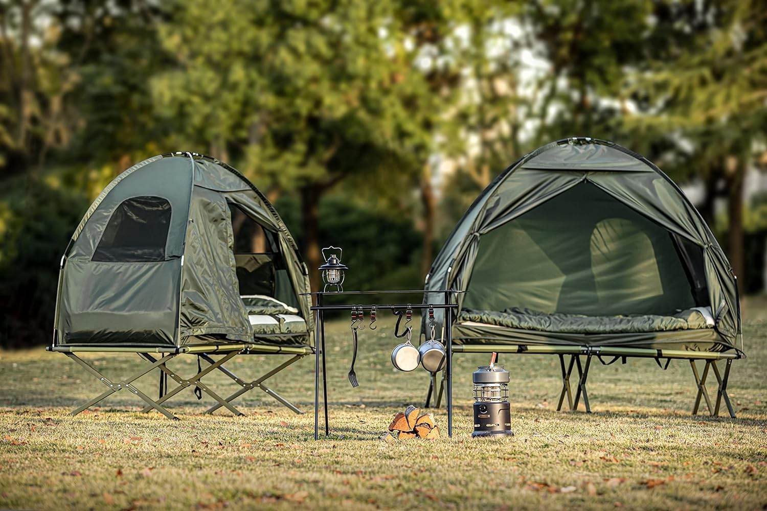 4in1-Zelt Fr 2 Personen Wurfzelt Feldbett Mit Campingliege Grn