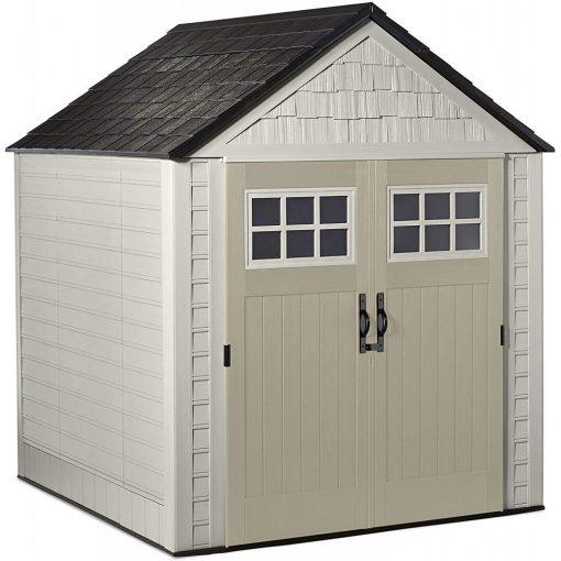Rubbermaid 7��7 Ft Durable Weather Resistant Resin Outdoor Garden Storage Shed with Windows and Utility Hooks, Sand
