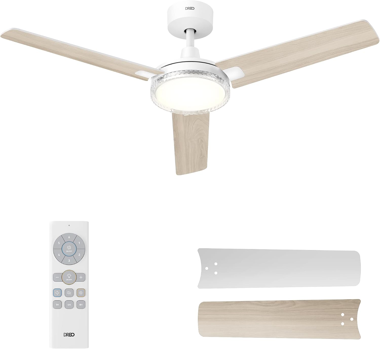 DREO Deckenventilator mit Beleuchtung und Fernbedienung,132 cm Weißer Ventilator decke mit Licht und Alexa,5 CCT-Farben, 6-stufig dimmbar, 6 Stufen, leiser reversibler DC-Motor, Timer (1/4/8h)