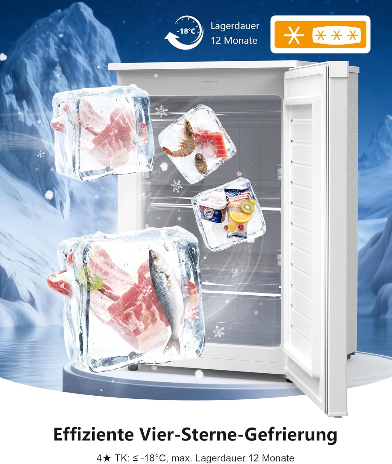 Upstreman 98L Gefrierschrank，Tiefkühltruhe mit 3 Fächer (1 Schublade)，Vier-Sterne-Kühlung Freezer, Gefrierschrank Kompakt UF98-Weiß